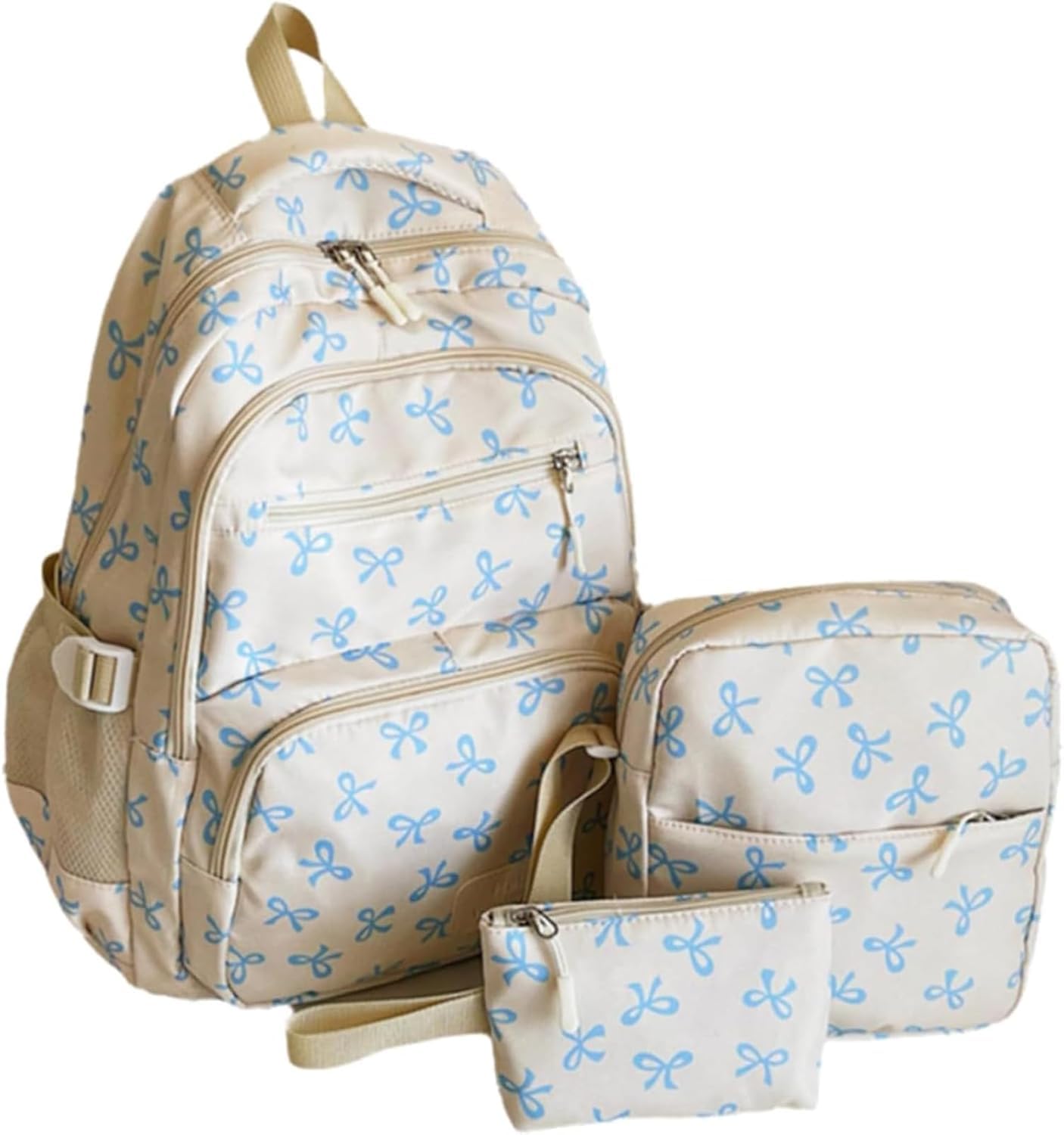 Glemall Coquette Bow Backpack 3pcs Set for Girls, Cute Backpack Set Large Capacity, Kawaii Coquette Nylon Backpack (Blue)