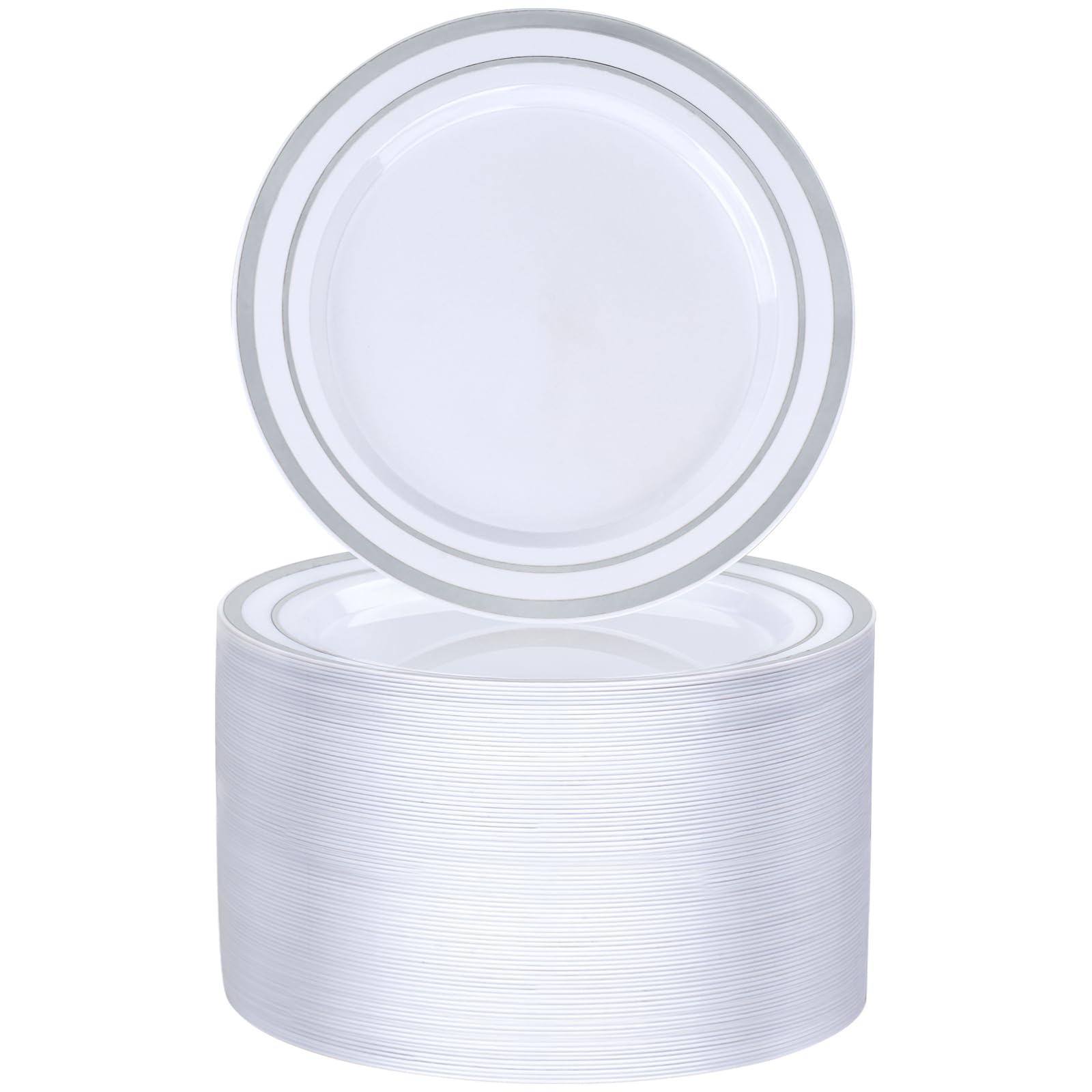 100PCS 7 Inch Silver Plastic Dessert Plates, Disposable Plate with Silver Rim for Salad, Samll Cakes, Heavy Duty Disposable Plastic Plates for Party, Wedding and Birthday, Events