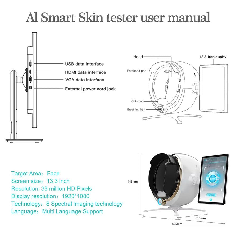 Skin Analyzer Viso 13,3" Display Multiangolo 8 Luci Diagnostiche 3 Modalità Report PDF Stampabile HD per Studi Estetici