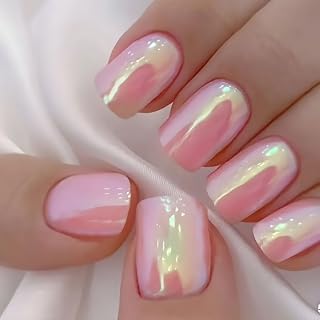 Pvoiue Chrome Press On Nails - Mid-length Square Shape Press On Nails, Aurora Chrome Pink Glossy Fake Nail, Full Cover Nails For Women Girls