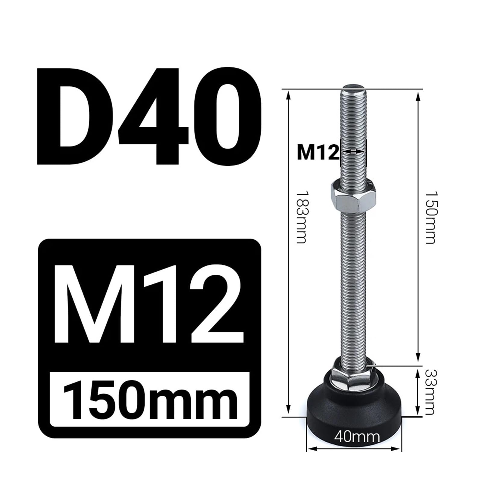 Pies niveladores for muebles, 8 Uds., 40mm, for tornillo ajustable | M5 M6 M8 M10 Roscas Base giratoria Tope deslizante articulado for superficies irregulares(D40xm12x150mm)