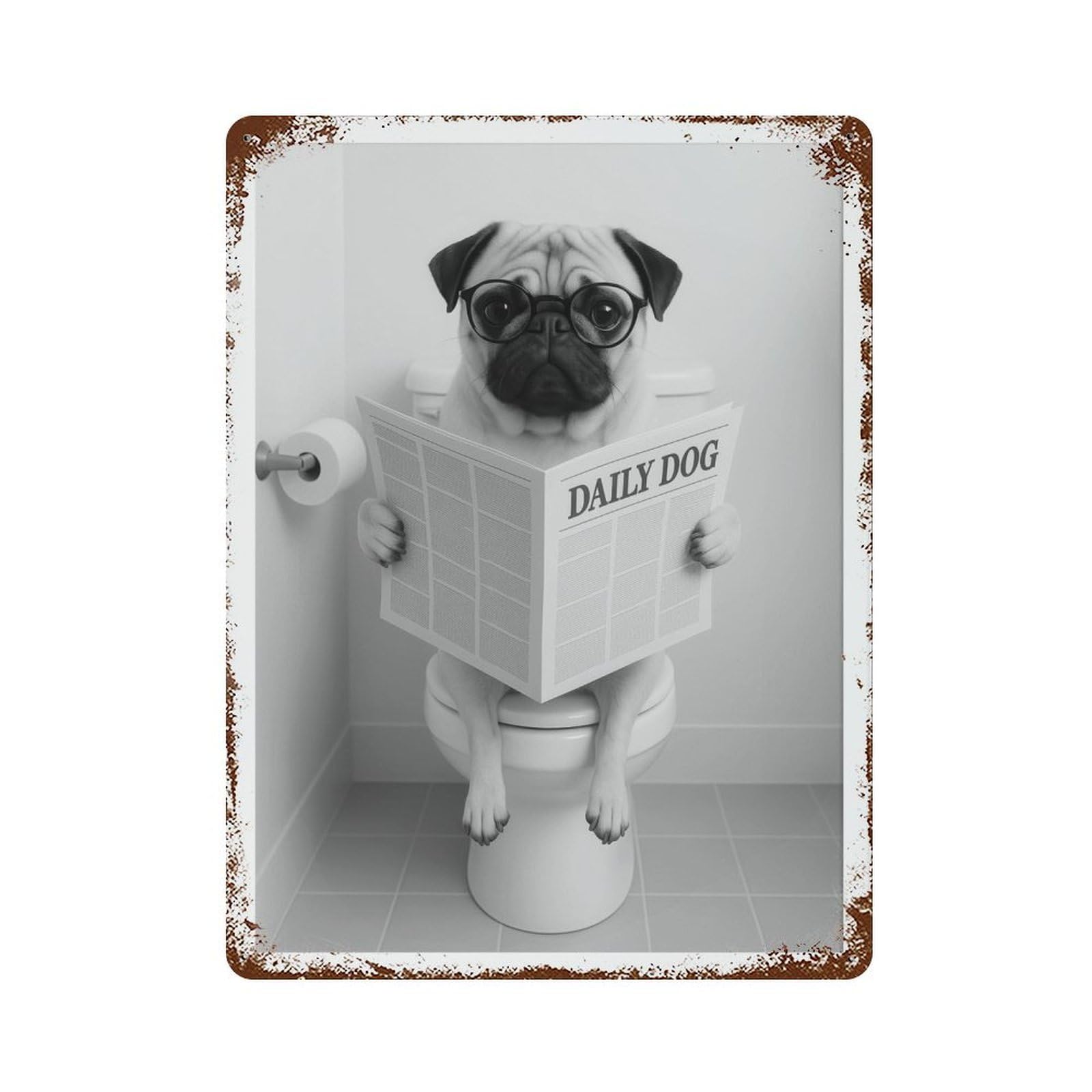 xiaoxiaoshen Pug Dog Bathroom Reading Newspaper, Funny Toilet Wall Decor Art Metal Tin Poster Modern Home Decor Art Home Bar Shop Decorations Vintage Sign 40x30cm