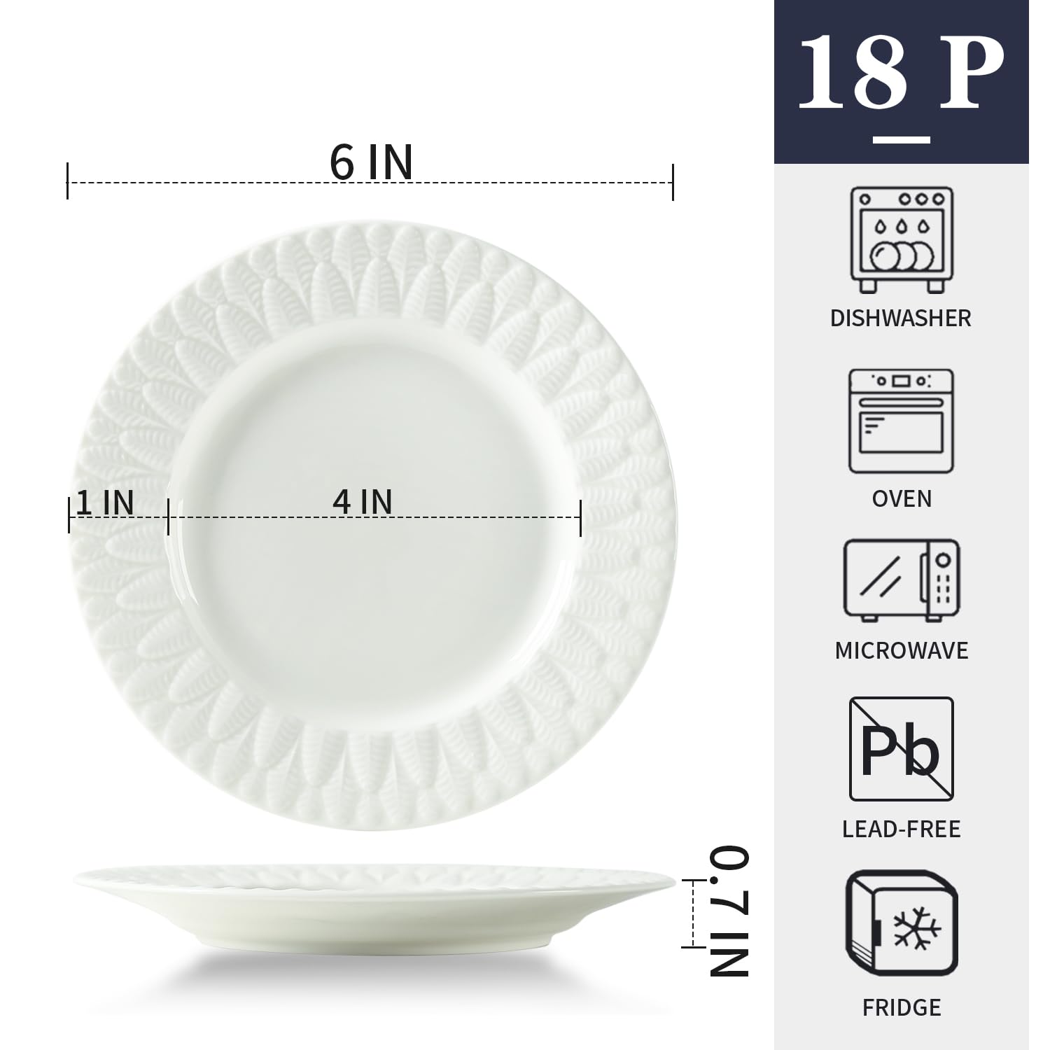 Juego de 18 platos de porcelana de 6 pulgadas, platos pequeños para ensalada de postre, platos de servir con forma de hojas blancas para pasteles, aperitivos, helados, gofres, microondas, horno y