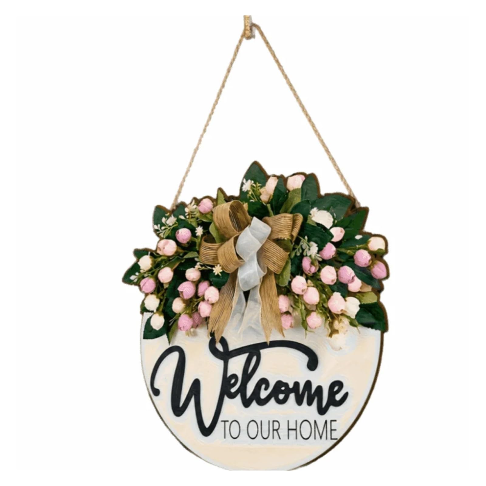 Front Door Wreath Welcome Sign Creative 2D Flat Welcome Sign Wooden Bow Knot Door Wreath Round Shape Flower Wall Art Front Door(Color2)