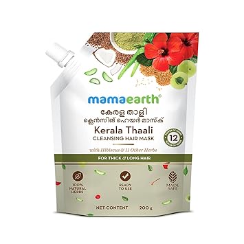 Mamaearth Kerala Thaali Cleansing Pre-Shampoo Hair Mask with Hibiscus, Shikakai, Amla, Flaxseed for Thick & Long Hair 200g | Ready To Use Thali | Gently Cleanses | Adds Shine | 100% Natural Herbs | 12 Potent Herbs - image, photos