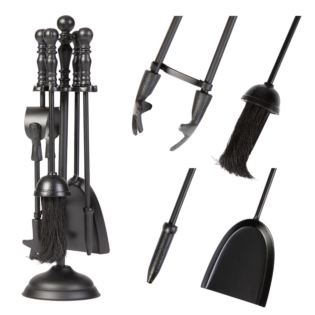 Heavy Duty Fireside Companion Set 4pc Fireplace Tools Set with Fire Poker, Brush, Shovel & Tongs - Recycled Iron Fire Set Log Burner Accessories with Footed Stand (Black)