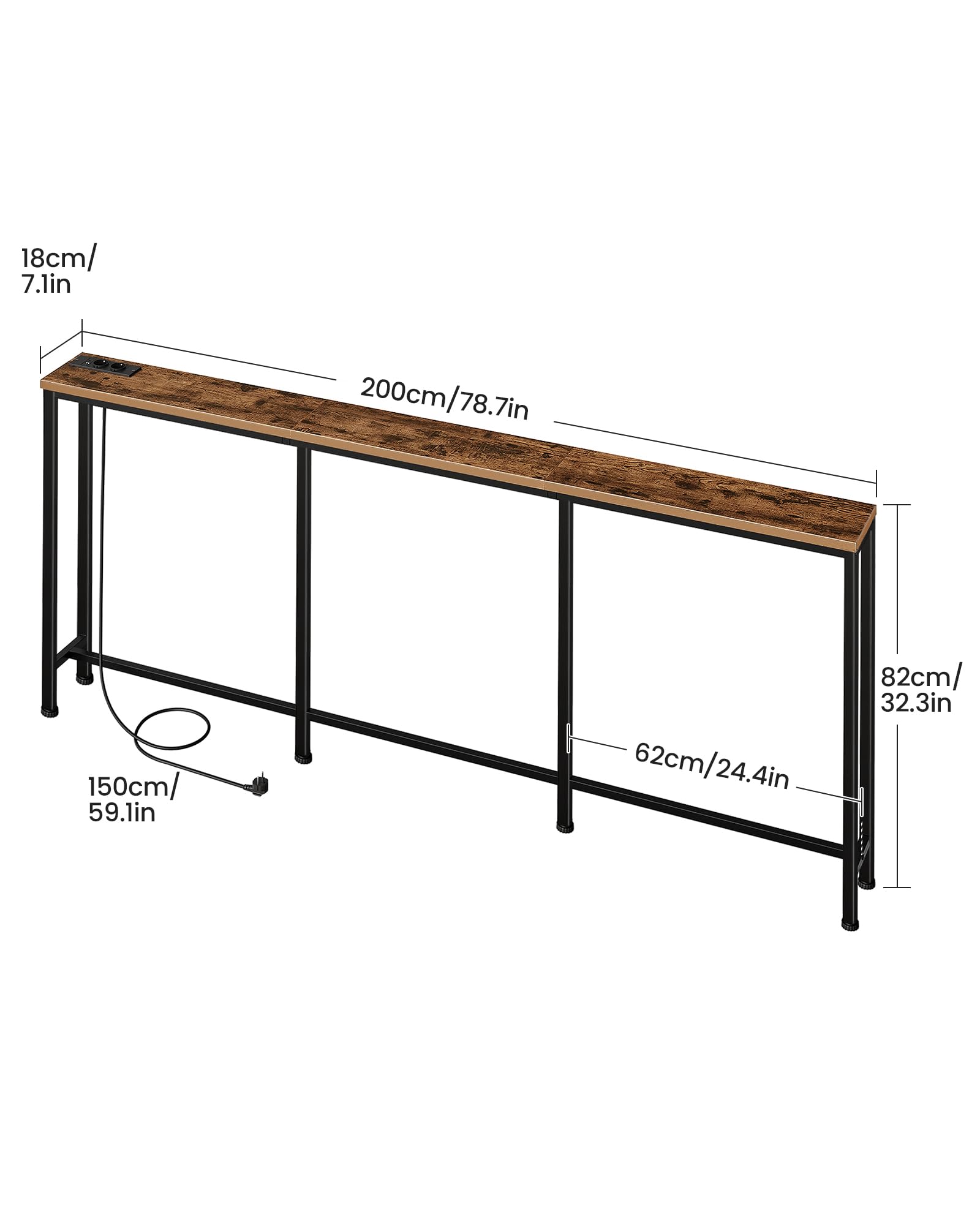 CHOEZON 200 cm stolik konsolowy, stół do przedpokoju ze stacją ładującą, wąski stolik z 2 gniazdami wtykowymi i 2 gniazdami USB, stolik pomocniczy, do salonu, przedpokoju, rustykalny brązowy i czarny