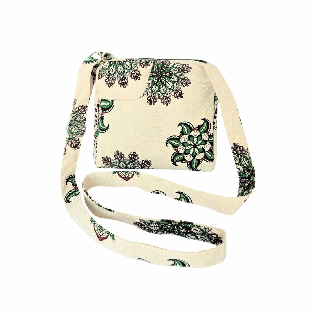 green craft Eco-Friendly Canvas Sling Bagfor Women | (9 X 9) Inch | Sling Bag Multi Pockets SeriesRangoli print Sling Bag | Reusable Shopping & College Bag with Sturdy Handles - Off White-picture-36