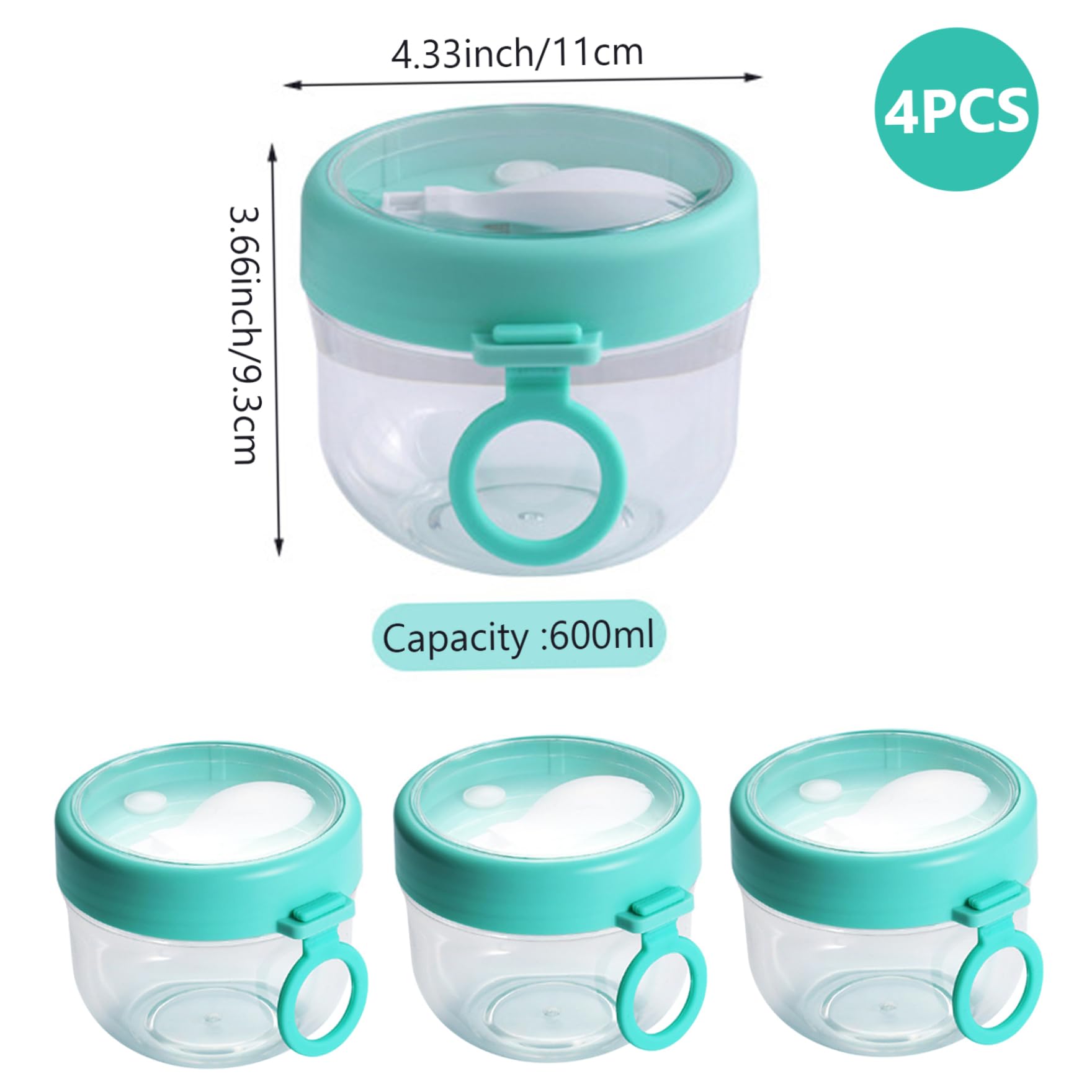 Contenitori ermetici portatili per avena da 4 pezzi da 600 ml con coperchi e cucchiai, vasetto per yogurt di capacità per latte, frutta, cereali, conservazione dell'insalata, preparazione