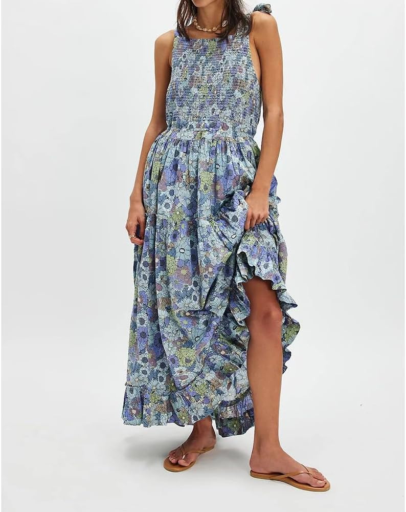 Women Floral Maxi Dress Tie Shoulder Cutout Backless Boho Smocked Flowy Dresses Summer Fall Sundress - Image 5