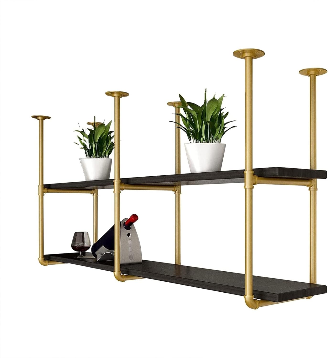 Ceiling Bottle Rack - Hanging Shelves, Golden Wall Hanging Plant Display Rack, Retro Wrought Iron Inverted Storage Rack, Bar/Restaurant Bottle Rack, Easy to Install