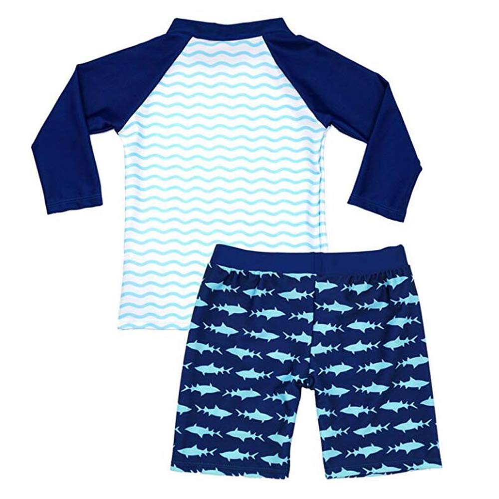 Garçons Maillots de Bain 2 Pièces T-Shirt Manches Longues + Short de Bain avec Bonnet Costume de Natation Anti-UV 2-10 Ans (9-10 Ans, Bleu-A)