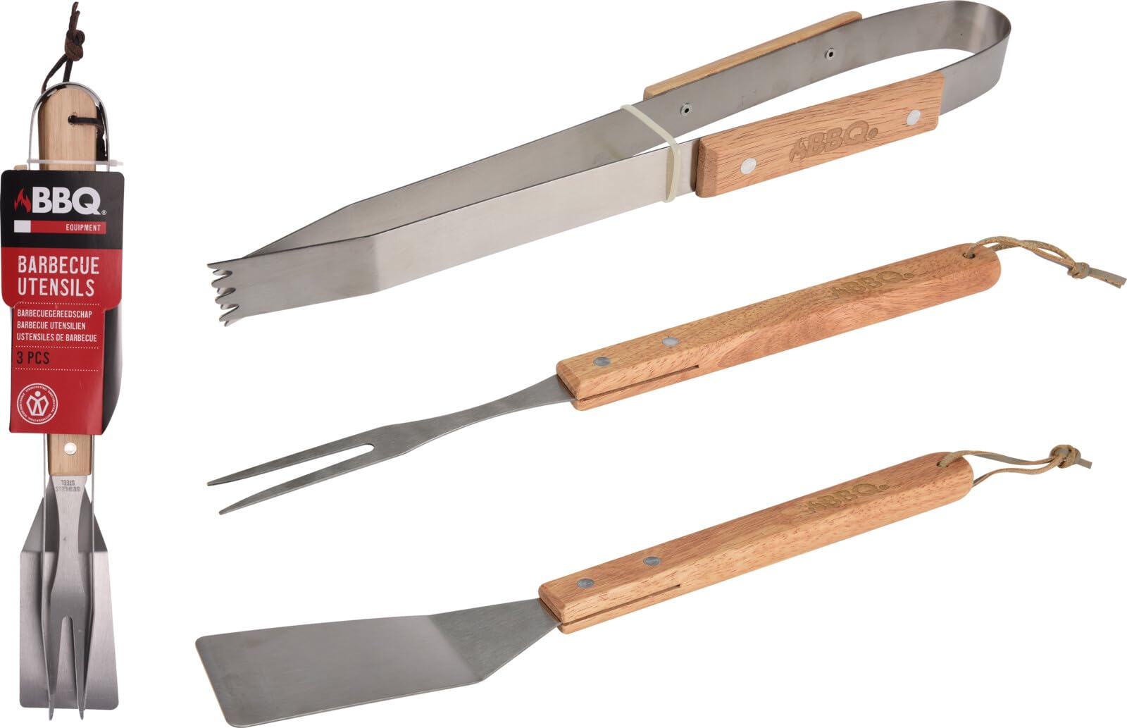 Set Ustensiles Barbecue 3 Pièces en Acier Inoxydable Spatule Pince Fourchette Accessoires BBQ