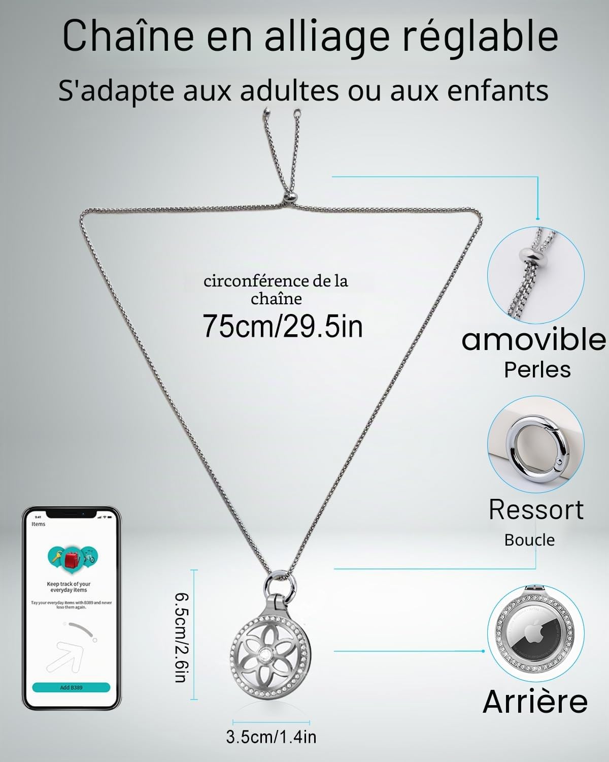 ONEONTA Collier Airtag pour enfants, bijoux en métal, collier Airtag pour adultes, collier Apple Airtag pour enfants, garçons, femmes, collier en alliage réglable de 75 cm avec support Airtag,