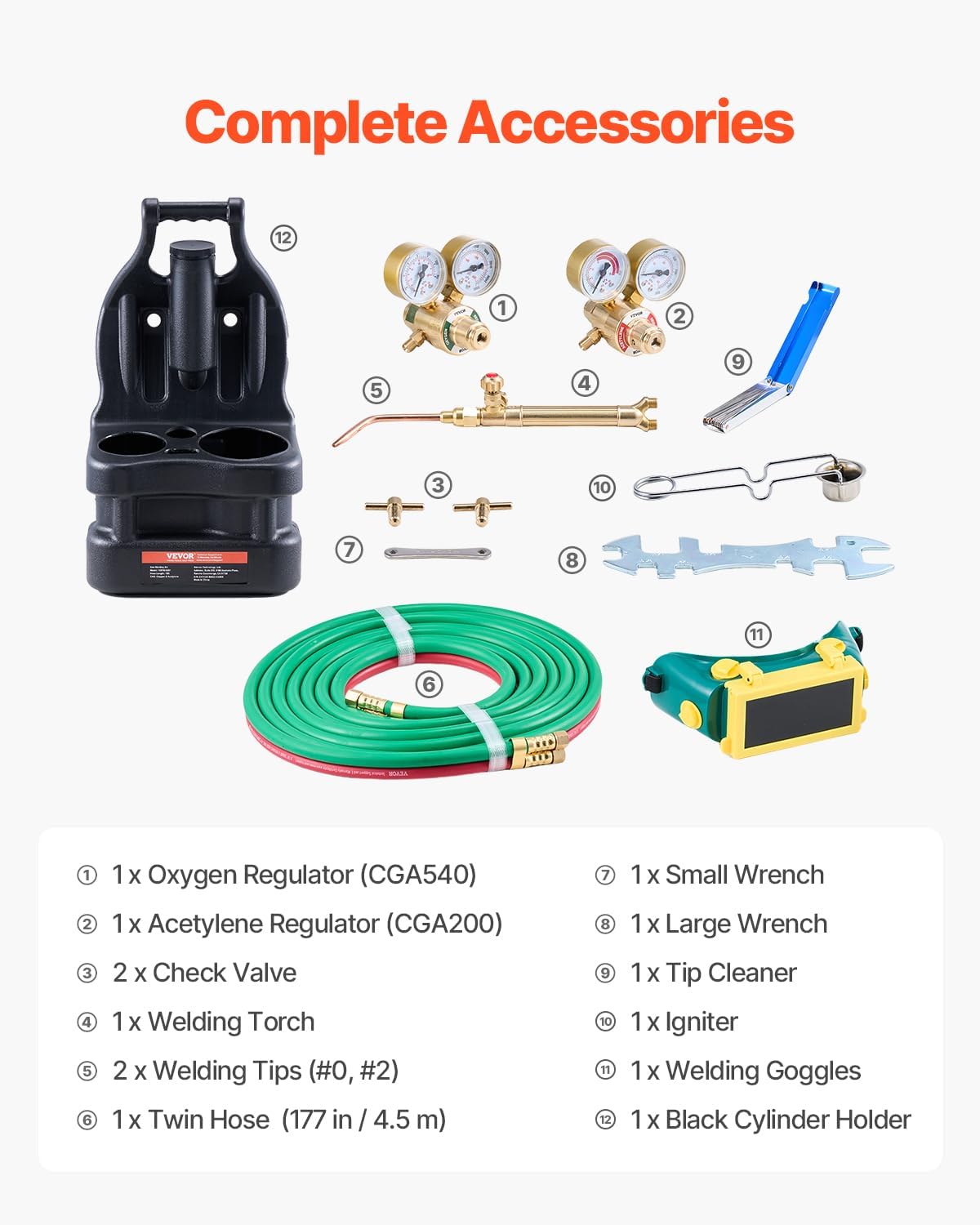 VEVOR Oxygen Acetylene Torch Kit, Gas Welding Torch Kit, 14PCS Portable Oxy Acetylene Brazing Set with 177'' Twin-Hose, 2 Welding Tips, Torch, 2 Regulators, Cylinder Holder (without Cylinder)