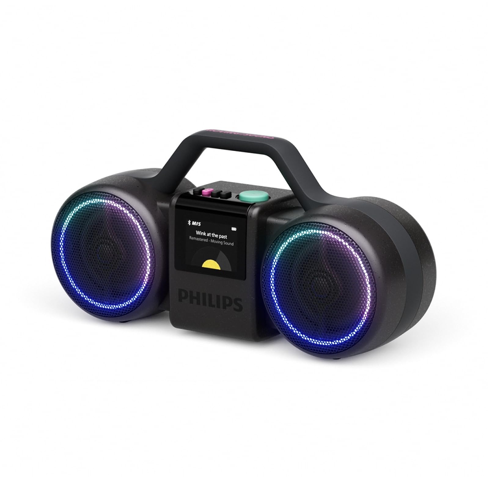 PHILIPS Bezprzewodowy głośnik Roller TAMS60B – maks. 120 W, Bluetooth 6.0, wodoodporność IP67, bateria 24h, dźwięk stereo, design retro, Auracast, USB-C, światła LED - czarny