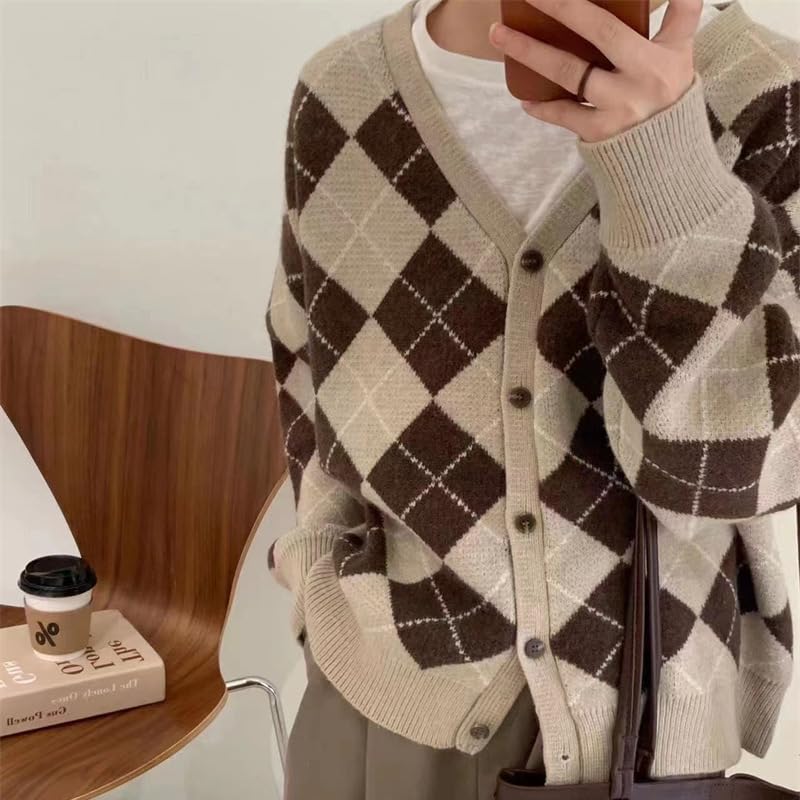 Women's Argyle Graphic Button Grandpa Sweater Vintage Y2k Aesthetic Fairy Grunge Clothes Plaid Preppy Cardigan4