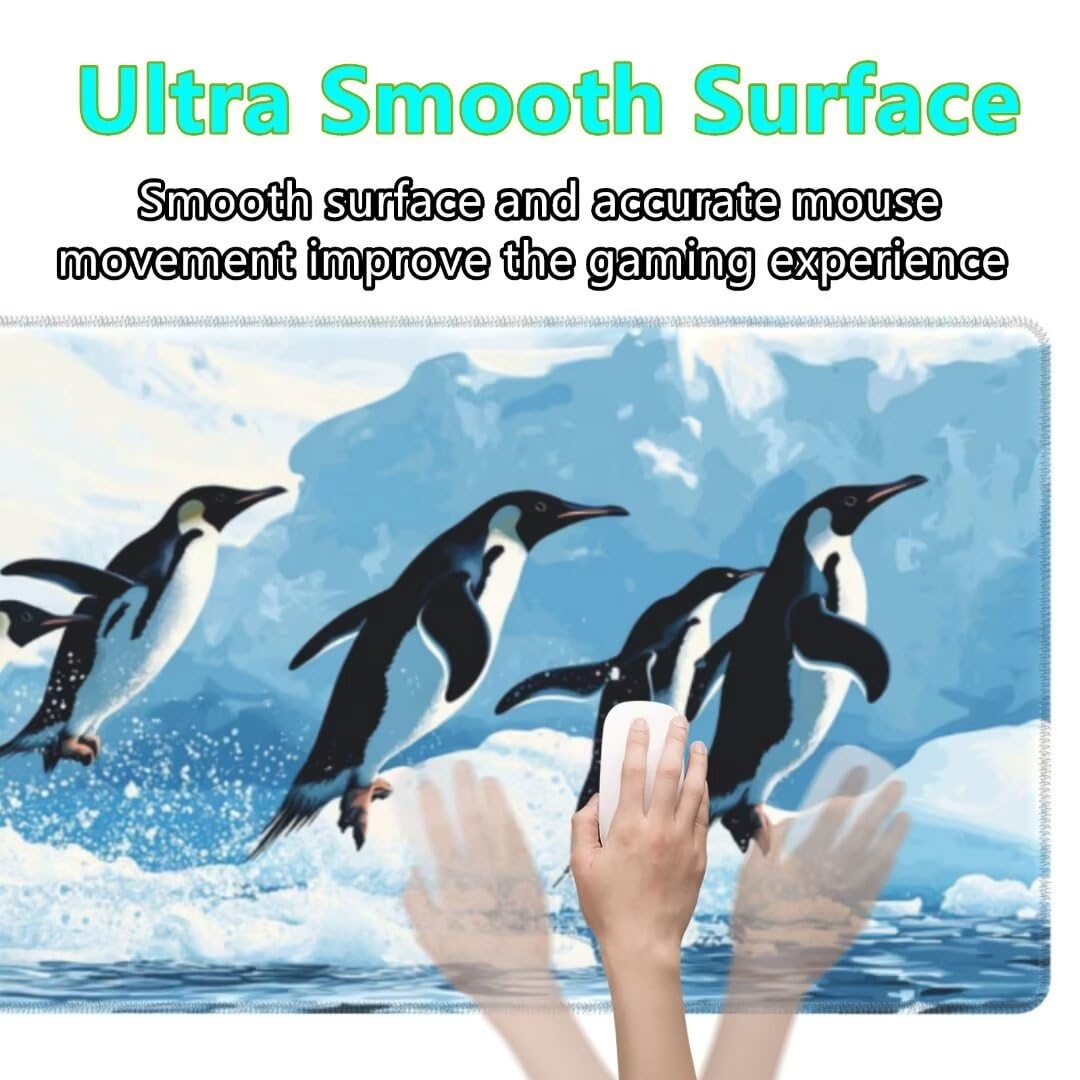 Gaming Mauspad XXL Pinguin Großes Mousepad 1200*600mm Rutschfeste Schreibtischunterlage Landschaft Mouse Pad mit Vernähte Kanten Verbessert Desk Mat Geschwindigkeit und Präzision für Gaming und Büro