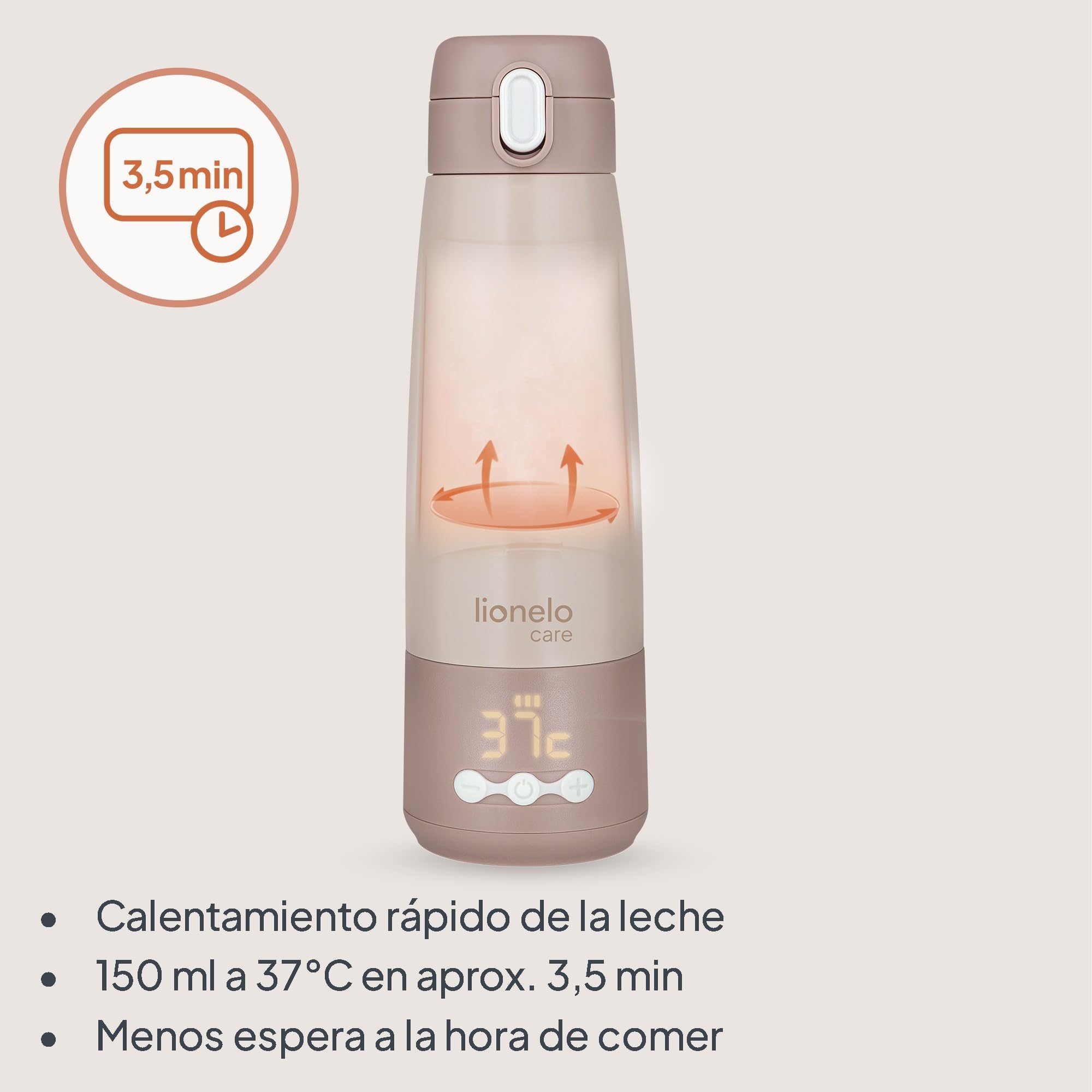 Lionelo Thermup Bottle Calentador de Leche Portátil, Termo Eléctrico sin Cable con Control de Temperatura 37–55 °C, Calienta Leche en 3,5 Min, Mantiene 20 h, Acero SUS316, 350 ml, para Bebés y Viajes