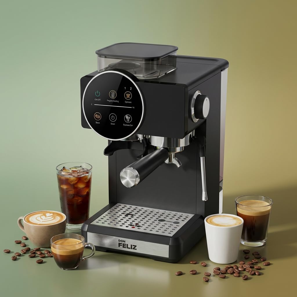 Don Feliz Cafetera Superautomática con Molinillo Integrado, 20 Bar, 1350W, Depósito 1.8L, Vaporizador de Leche, Portafiltro 51mm, Panel de Control Táctil
