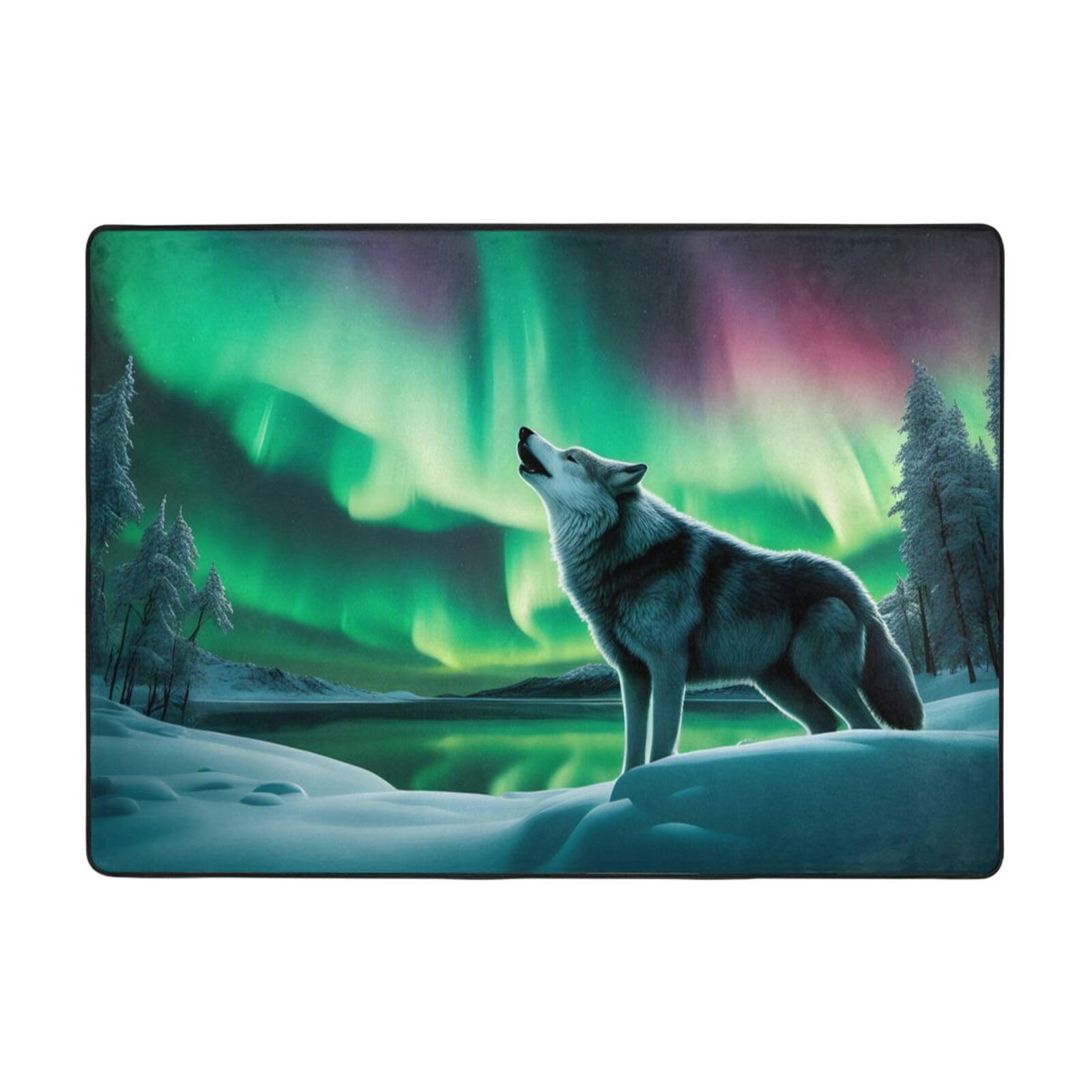 Tapis de salon loup hurlant BROLEO 203x147 cm aux aurores boréales