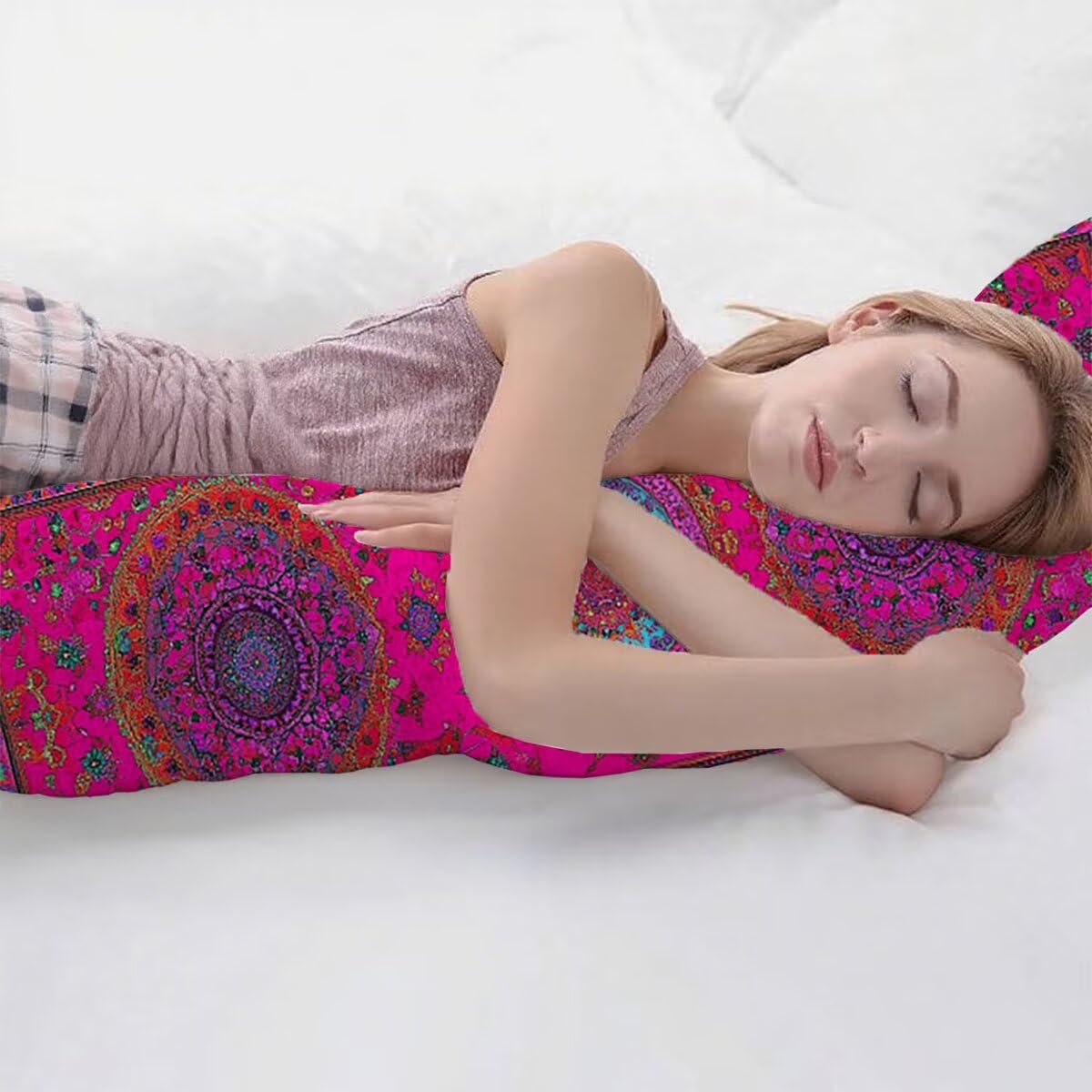 Seitenschläferkissen Bezug Lila Kissenbezug 60 x 180 Schwangerschaftskissen Böhmen, Leinen Atmungsaktiv und Weich Body Pillow, für Deko Wohnzimmer Sofa Kopfkissenbezug, Geschenke für Fraue T-3828