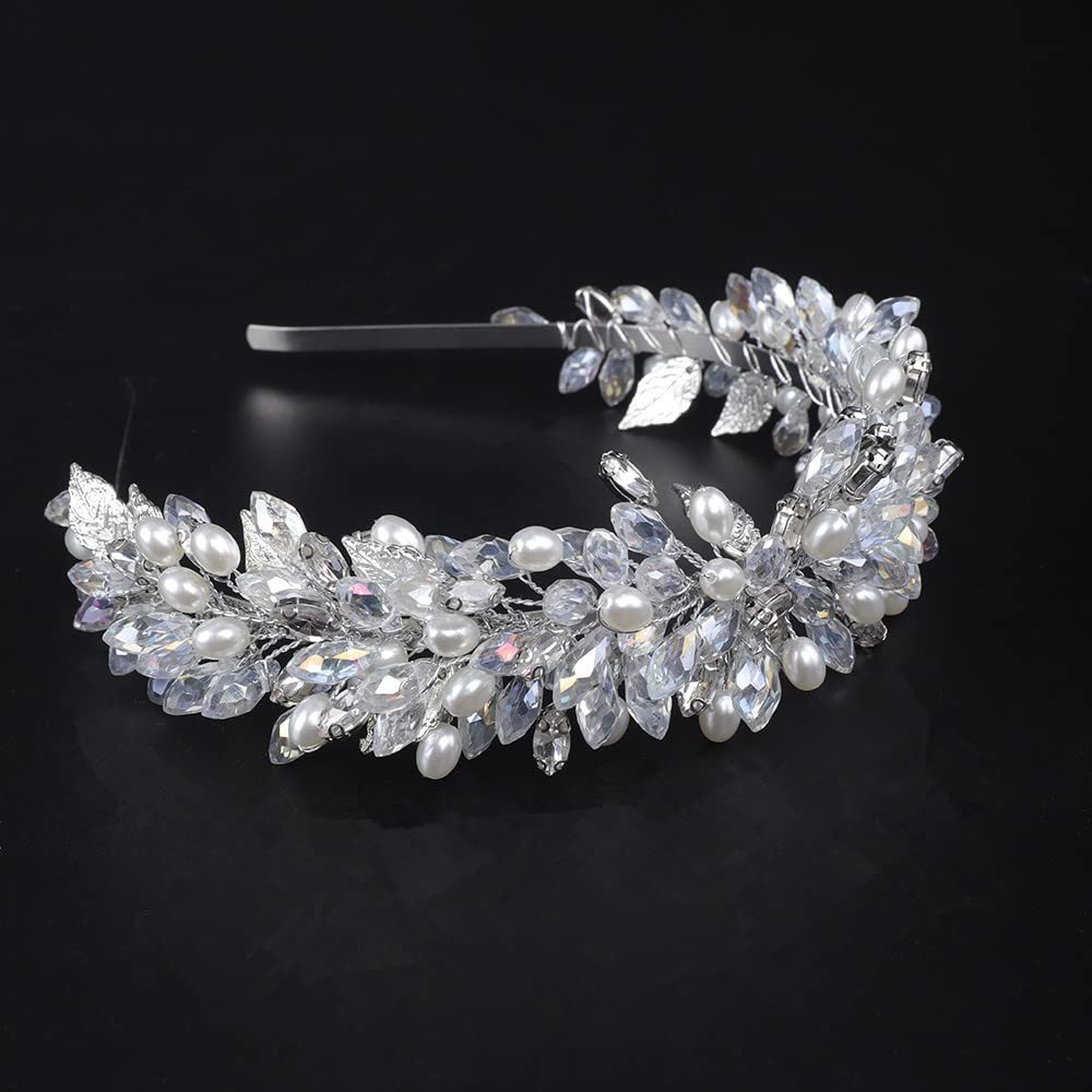 Jumwrit Bridal Pearl Headband Rhinestone Crystal Headpiece Flower Leaves Hair Amazon.com: Jumwrit Rhinestone Tiara Headband Pearl Wedding  main image 3