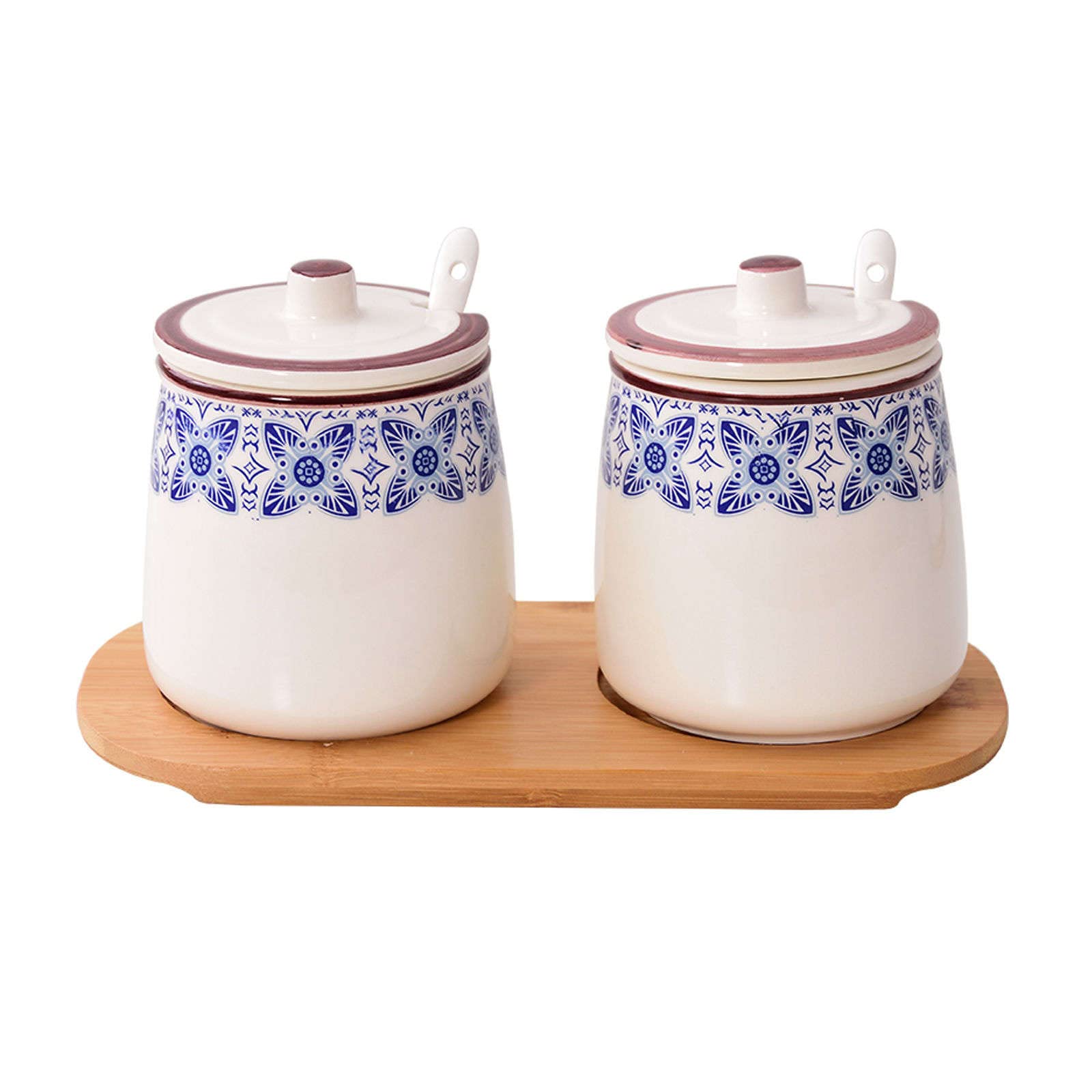 Zuccheriera, contenitore per condimenti, zuccheriera con motivo floreale blu con coperchio e cucchiaio, barattolo per zucchero in ceramica da 430 ml, zuccheriera in porcellana, per bar del caffè, rist