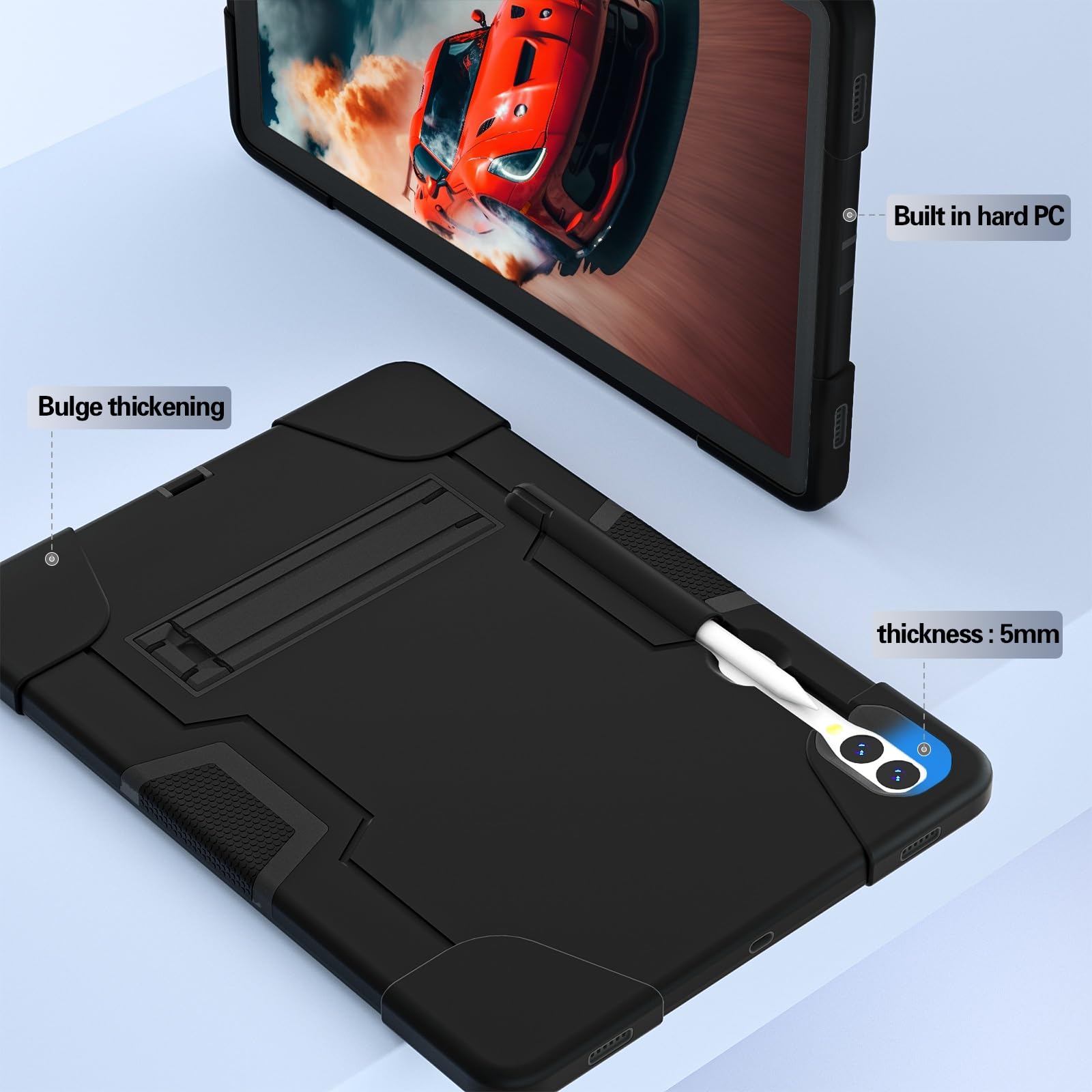 Do Samsung Galaxy Tab S9 Plus/Tab FE Plus SM-X810/X818U 31.5 cm (2023) etui silikonowe do tabletu z podpórką, wytrzymała, odporna na wstrząsy obudowa, wytrzymała osłona ochronna (czarna)