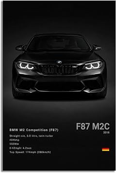 M2 Competition F87 Canvas Wall Art Poster Black Sports Car Print Modern Automotive Decor for Home Office or Garage Framed or Unframed Black, 16" L x 24" W, Unframed Poster