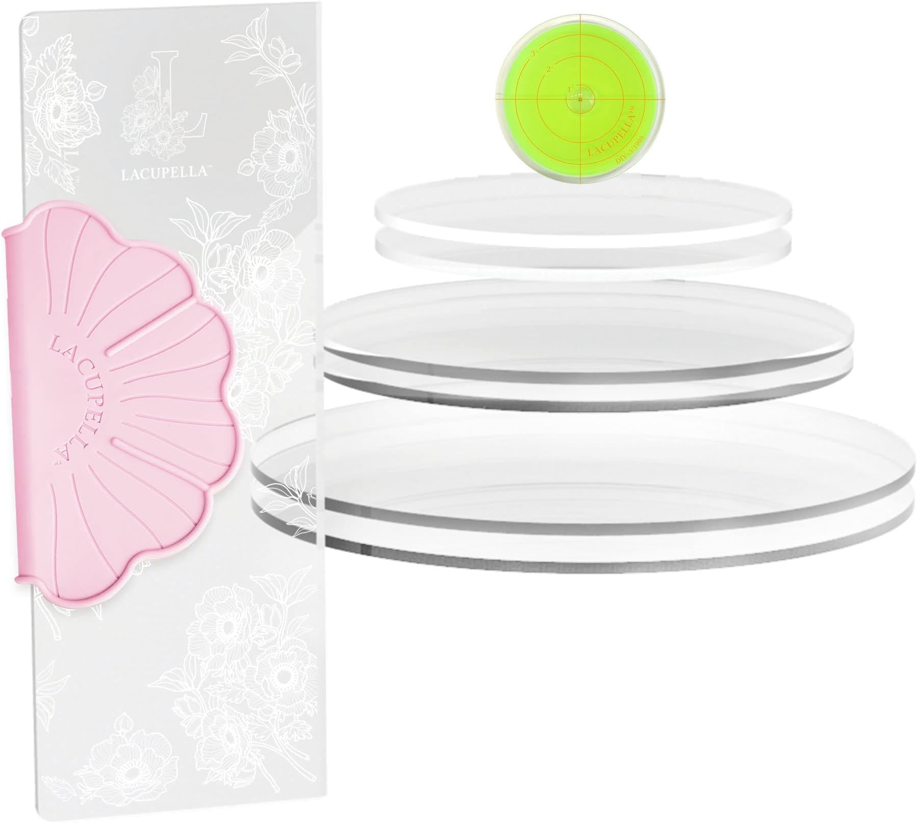 Lacupella Buttercream Acrylic Round Cake Disk Set with 12 inch Scraper and Round Level Essential Combo Kit (0.25 inch - 6.25, 8.25, 10.25 inch Diameter - Clear)
