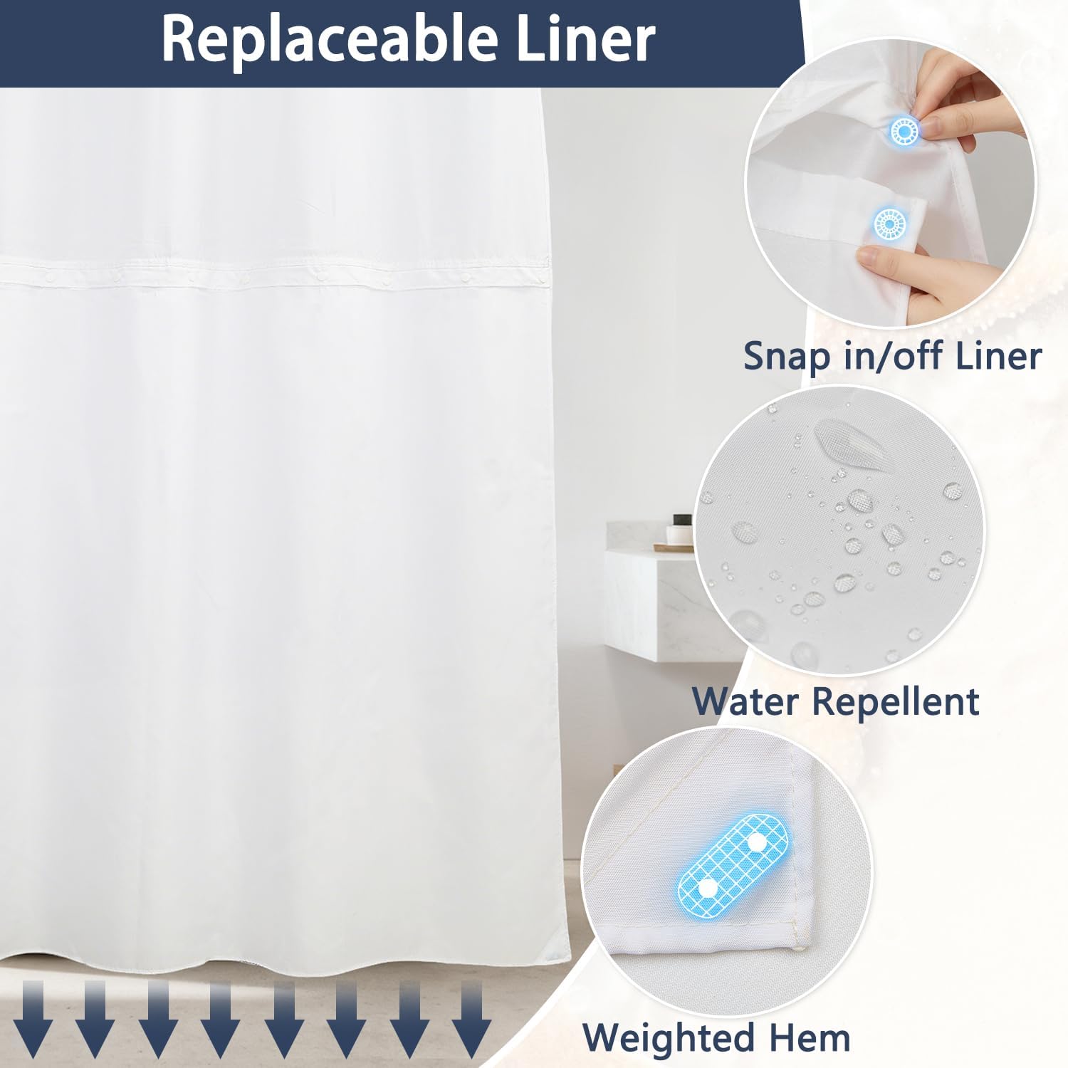 Beach Starfish No Hook Shower Curtain with Snap in Liner Set, Double Layers Waterproof Fabric Shower Curtain with Top Mesh Window, Tropical Ocean Beach Theme Bathroom Curtains, 71x74 Inch