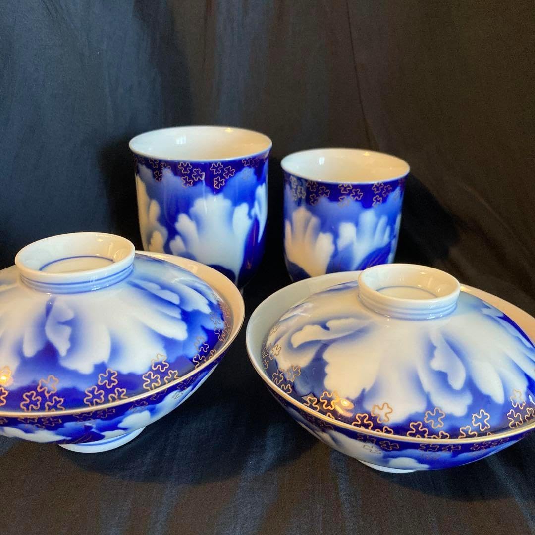 深川製磁 茶器揃 牡丹金ミル 急須 蓋付き湯呑5客 有田焼 -269-