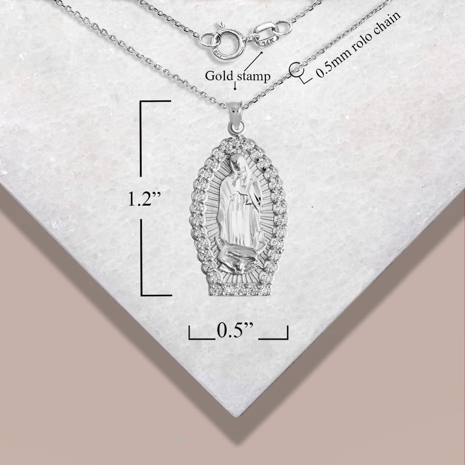 Claddagh Gold 925 Sterling Silver 1-1/5" CZ-Accented Blessed Our Lady of Guadalupe Miraculous Pendant Necklace - Choose Pendant Only or Necklace with Chain