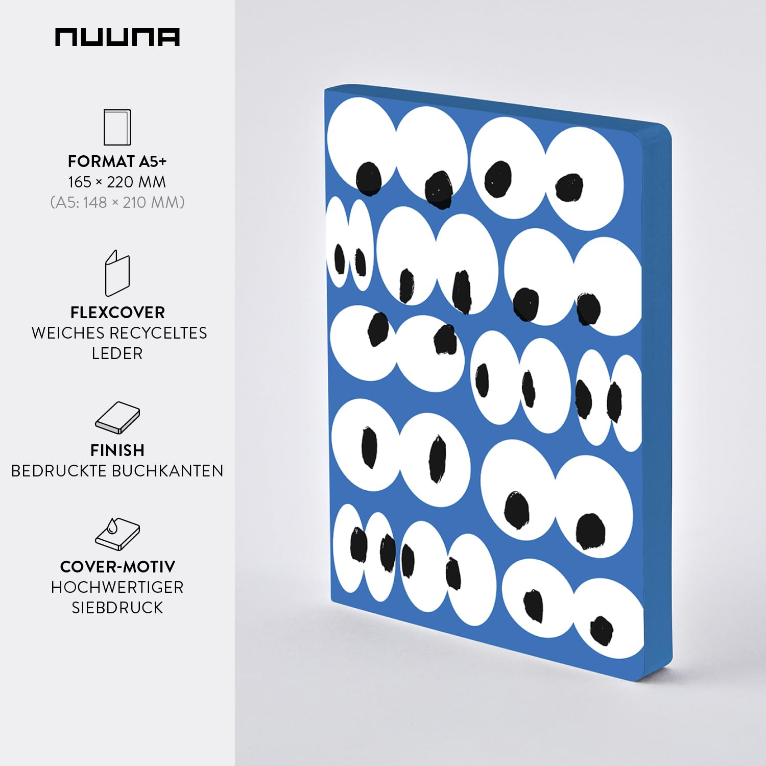 nuuna Taccuino A5+ | Graphic L – Eyes On You | 3,5 mm | 256 pagine numerate | carta premium da 120 g | pelle blu | prodotto in Germania in modo sostenibile