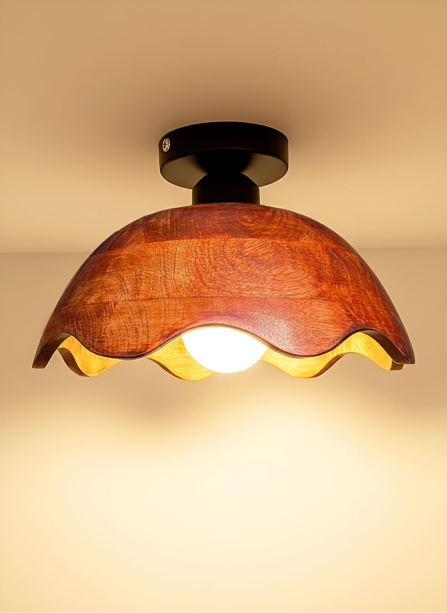 Wooden Luma Wave Ceiling Light '10-Inch' Solid Wood Walnut Finish, Semi Flush Mount Ceiling Lamp for Bedroom, Living Room, Dining, Kitchen – Warm Decorative Ceiling Light