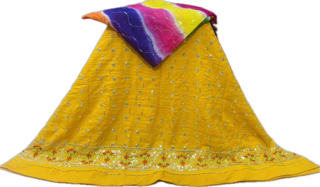 GenericBelano Heavy Cotton Sequance Embroidery Work Semi Stitched Shimmer Designer Rajputi Poshak Dress For Women Rajasthani Lehenga Choli with odhni Jall work Color(Yellow)