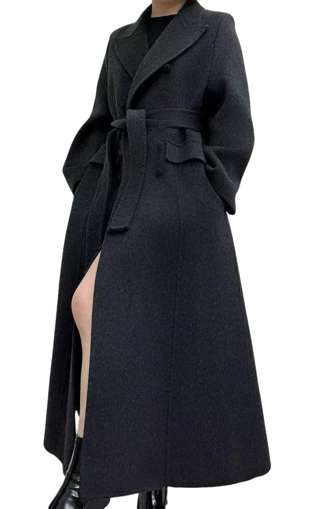 Women Long Winter Wool Pea Coat Lapel Double Breasted Trench Over Coat with Belt-image-30