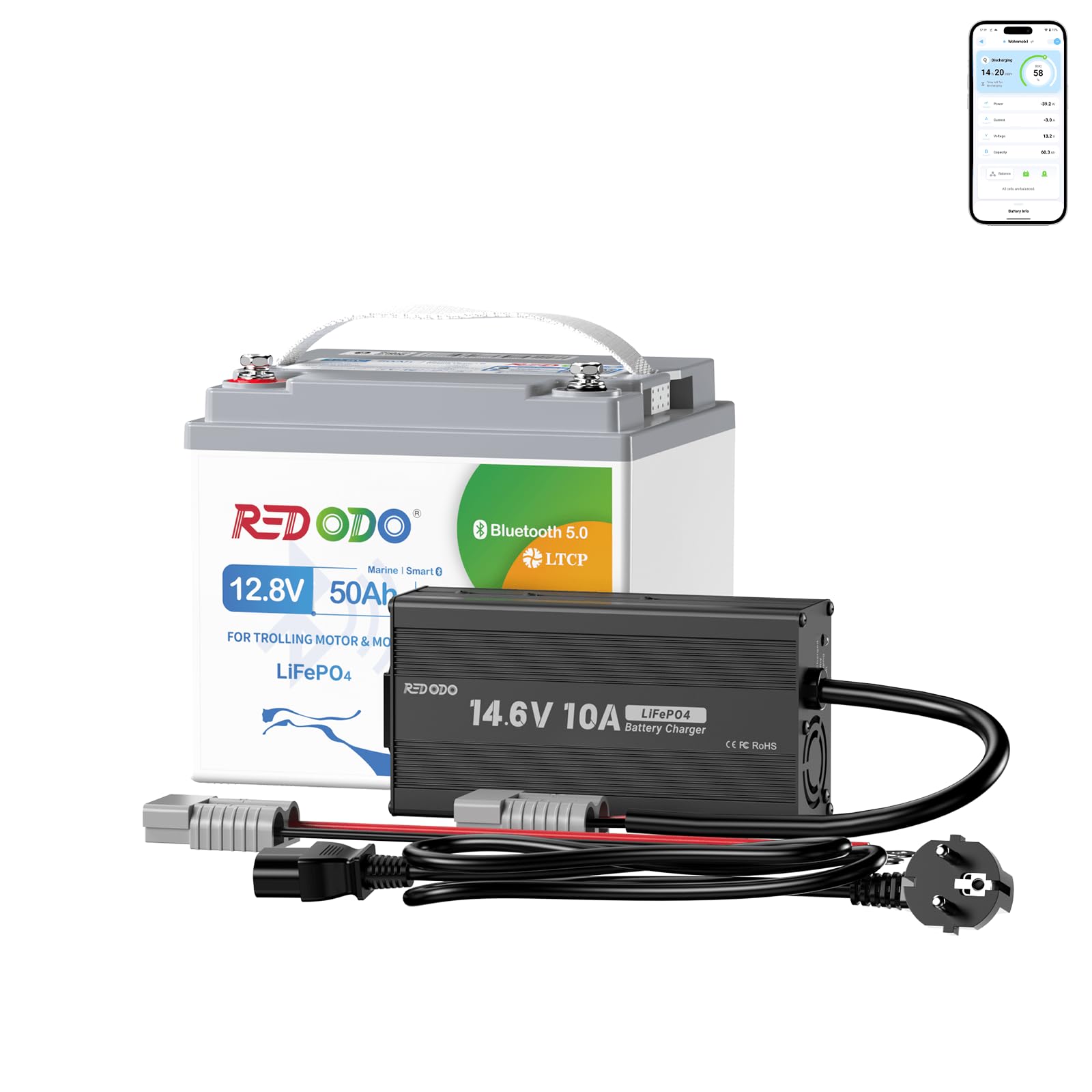 Redodo LiFePO4 bateria litowa Bluetooth 12 V 50 Ah z ładowarką 14,6 V 10 A do silników trollingowych, ochrona przed niską temperaturą, 10-letnia żywotność, lekka i przenośna. Idealny do samochodów