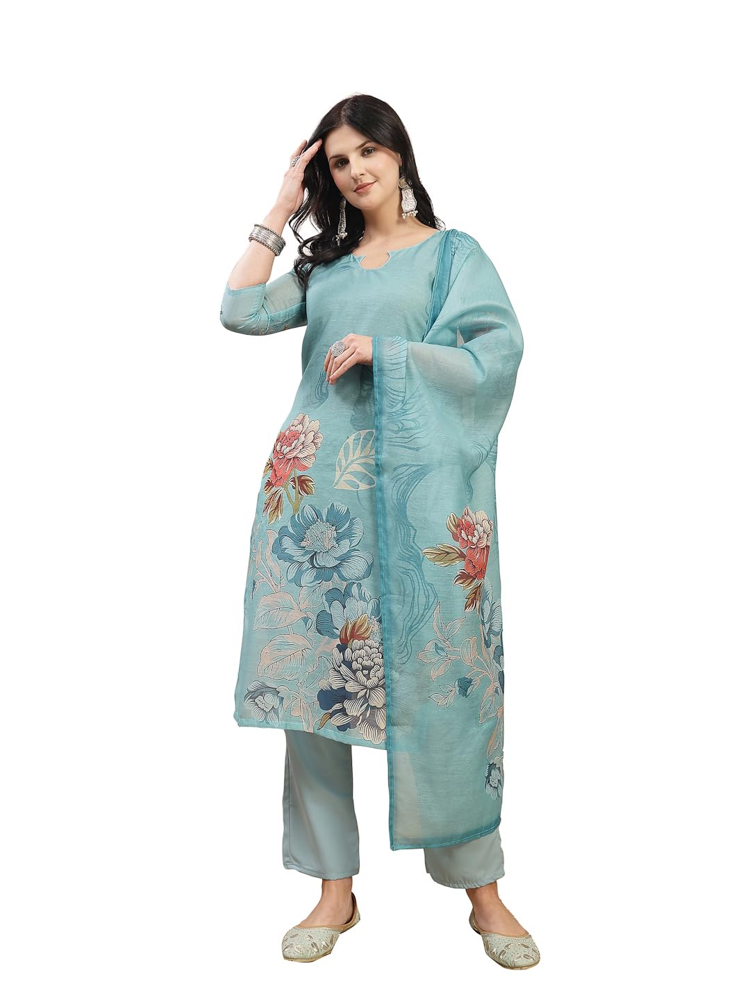 stylum Women's Sky Blue Floral Printed Chanderi Silk Straight Kurta Pant Dupatta Set-picture-27