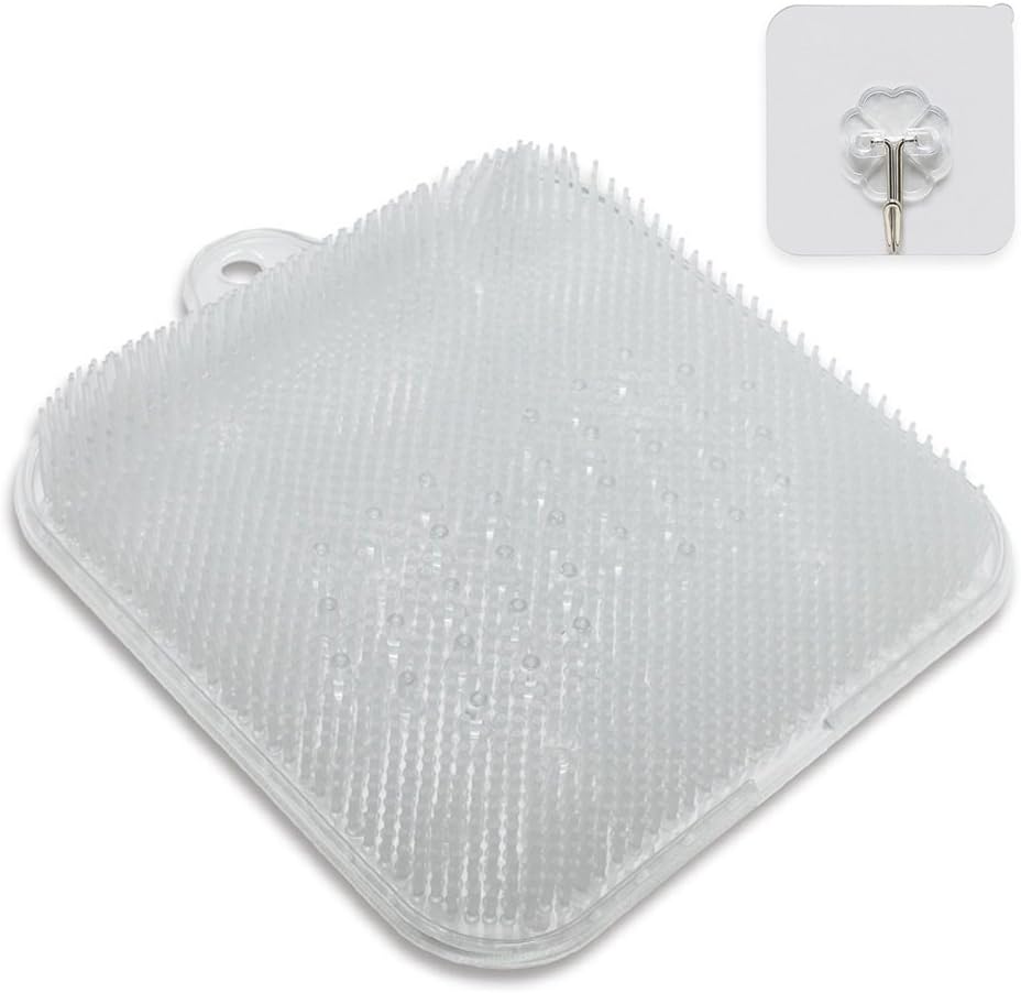 Shower Foot Cleaner Scrubber Massager with Non-Slip Suction Cups and Firm Bristles Design, to Increase Circulation, Exfoliation, with Adhesive Hook (Clear, 9.5 x 9.5 Inches) (Old Clear)