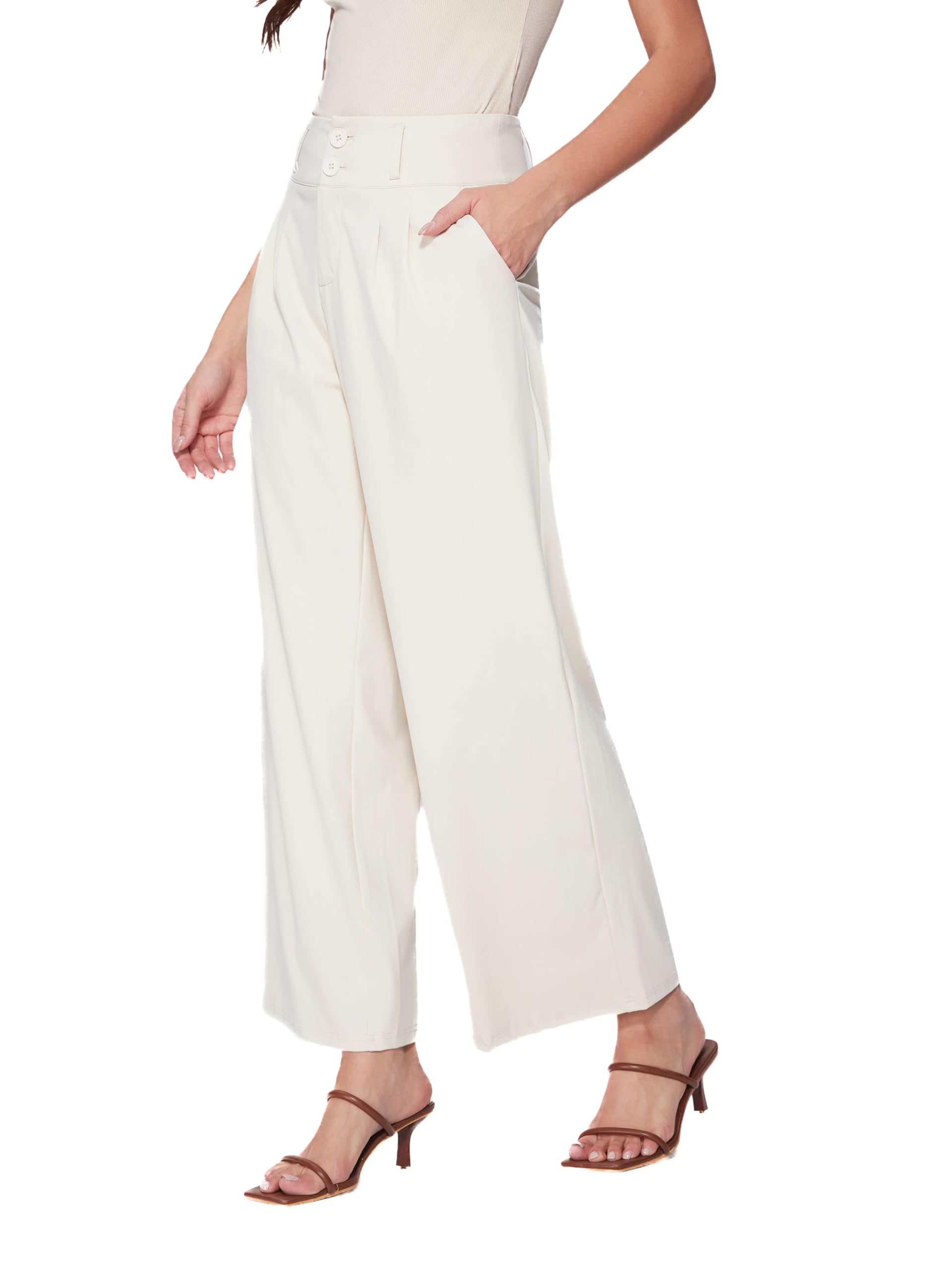 Vinova Womens Wide Straight Leg Pants Buttoned Stretchy High Waisted Business Casual Pants with Pockets