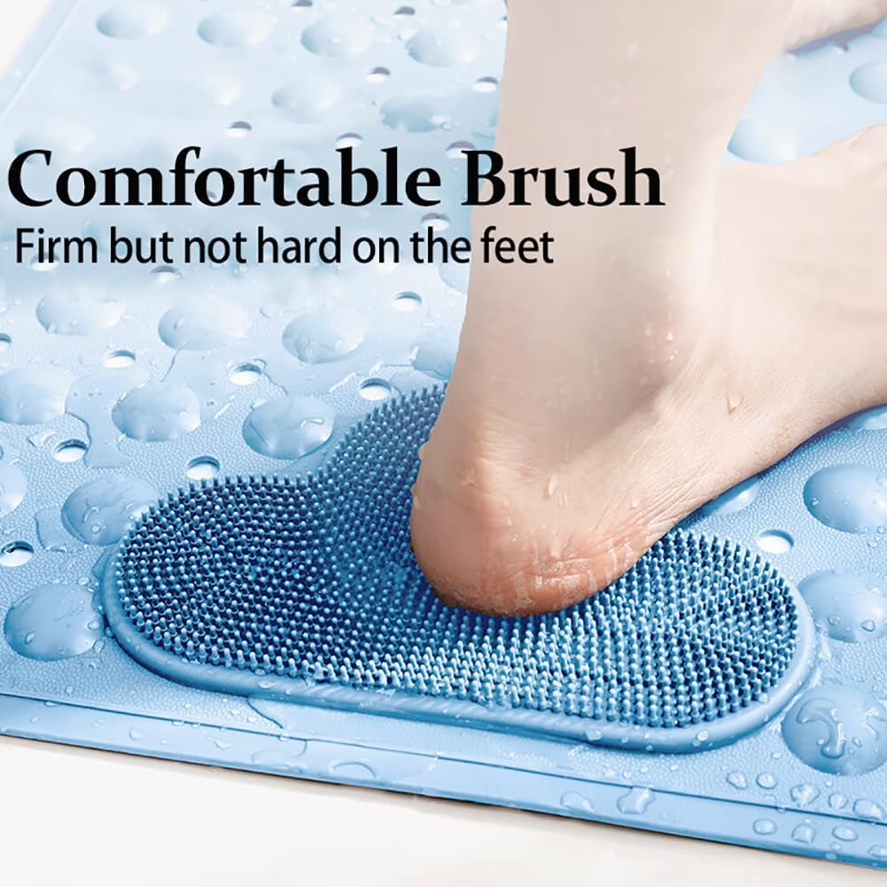 Tapis de Douche Antidérapant 106x66cm,Tapis Antidérapant Douche avec Ventouses et Trous de Drainage,Matériau TPE,Lavable en Machine,Bleu