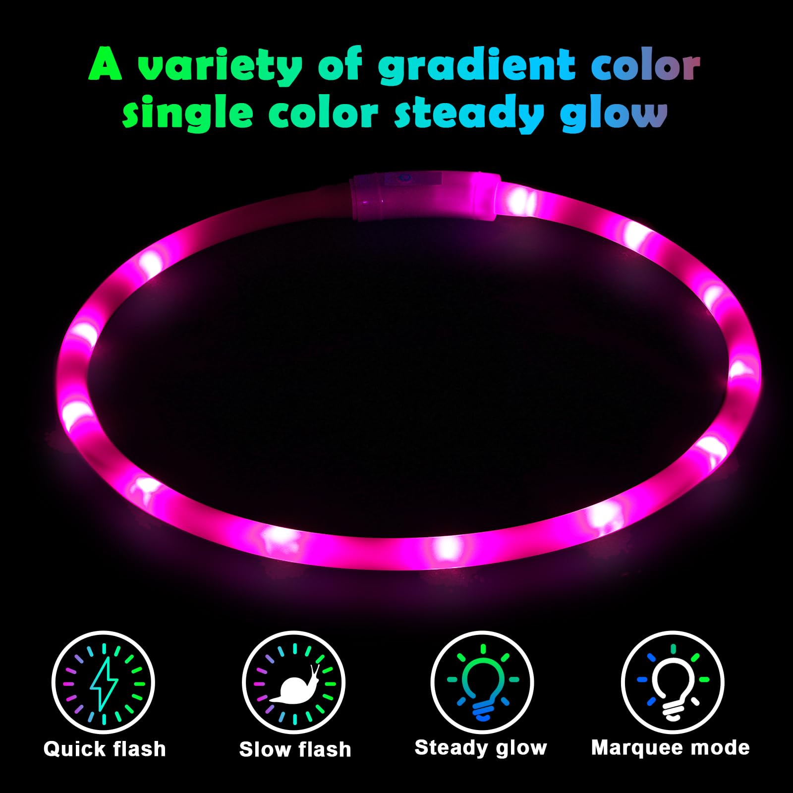 AUAUY Collare Luminoso per Cani, Collare per Animali Domestico LED Ricaricabile USB, Collare di Lunghezza Regolabile con 4 modalità Luminose per Cani di Taglia Piccola Media Grande - Rosa
