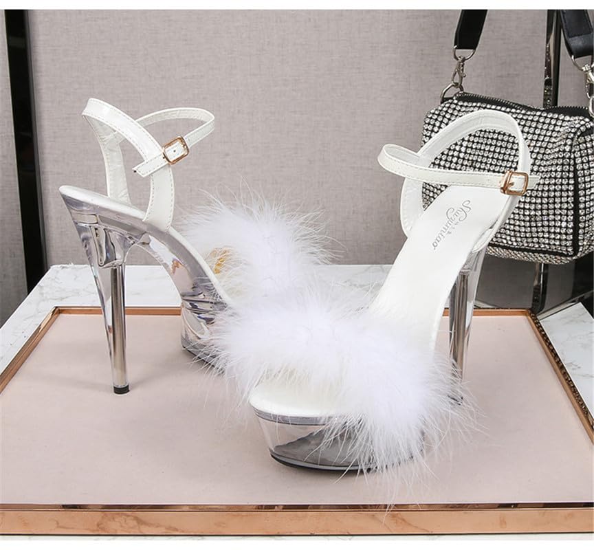 MissHeel Ankle Strap Clear Platform Furry Sandals Stiletto Heel: 8 White