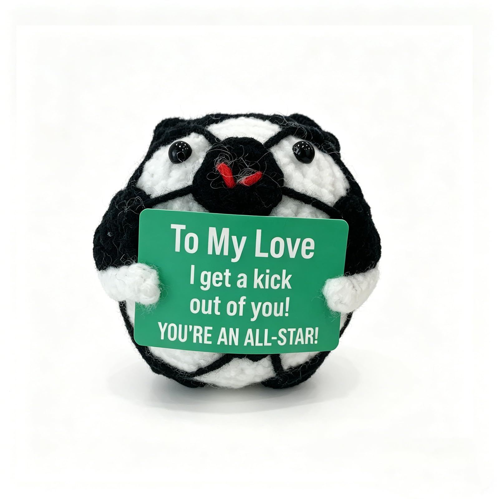 Crochet Soccer Ball Plushie – "You're an All-Star!" Handmade Knitted Football Doll with Encouragement Card, Soccer Gifts for Boys Girls, Coach, Team Gifts, Room Decor