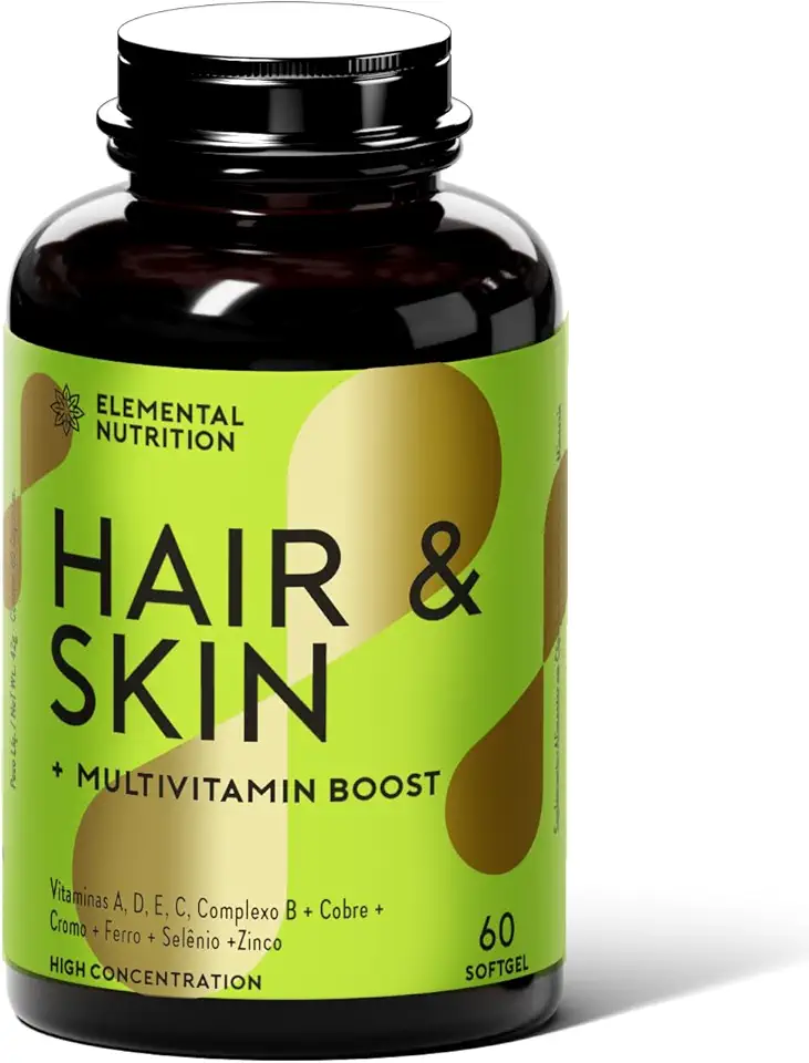 Multivitamínico Hair Skin, Elemental Nutrition, Para Cabelo, Pele e Unhas, Vitaminas A, C, D, E, Complexo B, Zinco e Selênio – 60 Cápsulas