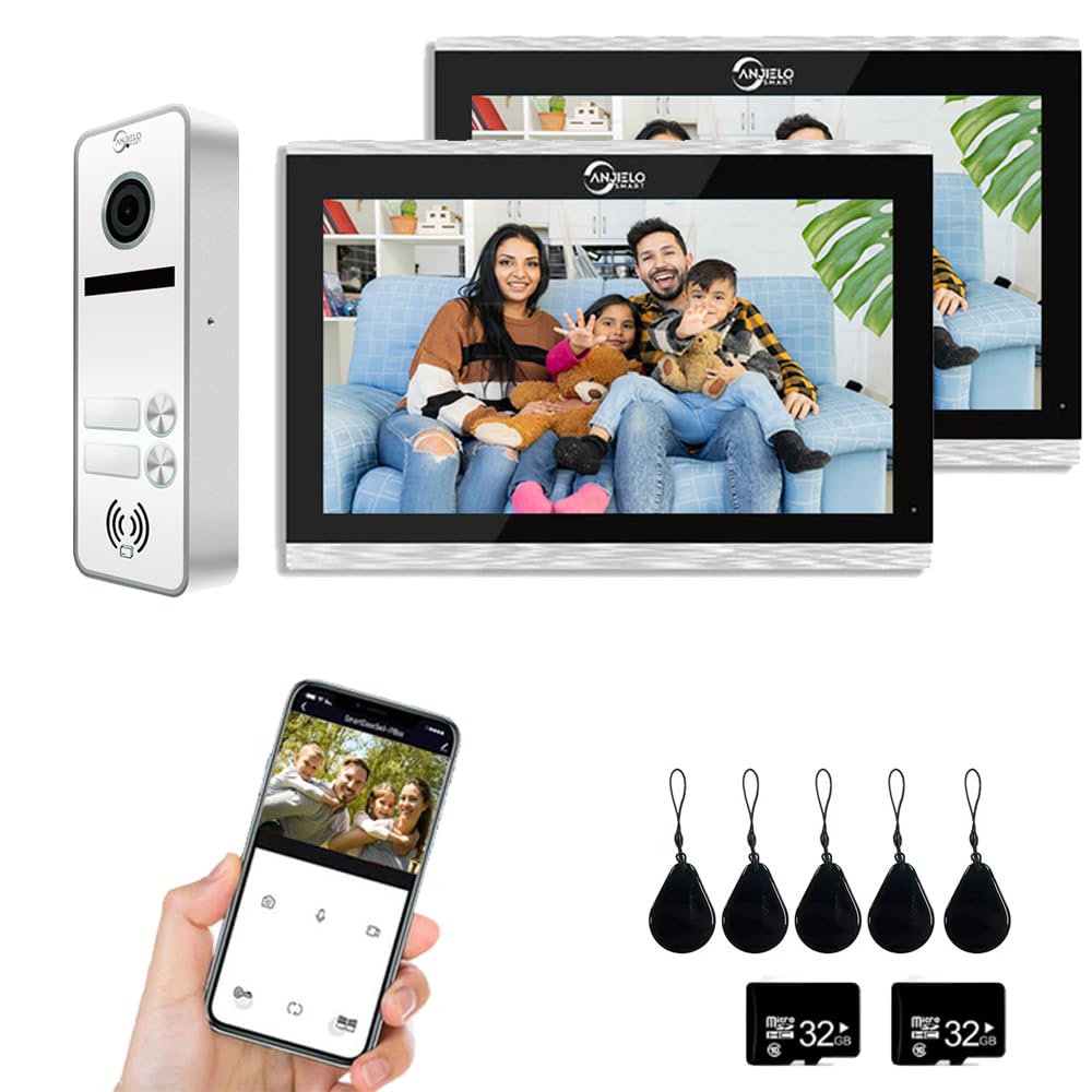 4 hilos Sistema de intercomunicación visual con cable 1080P para puertas, timbre para 2 familias, pantalla táctil de 10», intercomunicador bidireccional, detección de movimiento