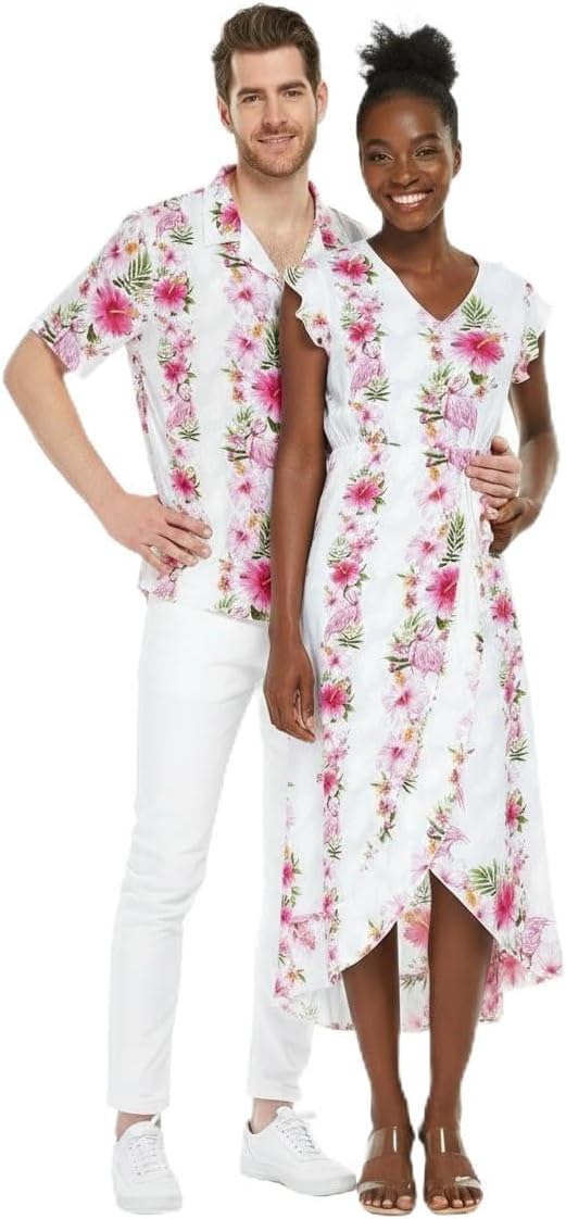 Matchable Couple Hawaiian Luau Shirt or Wrap Ruffle Dress in Pink Hibiscus Vine