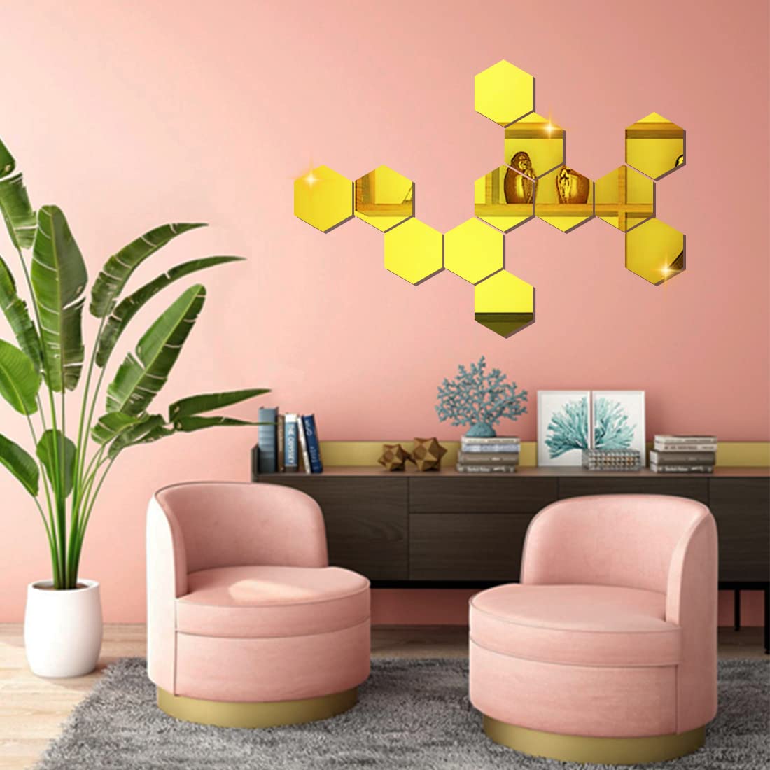 Buy WallDaddy Mirror Stickers for Wall Pack of (12 Gold Hexagun 3D